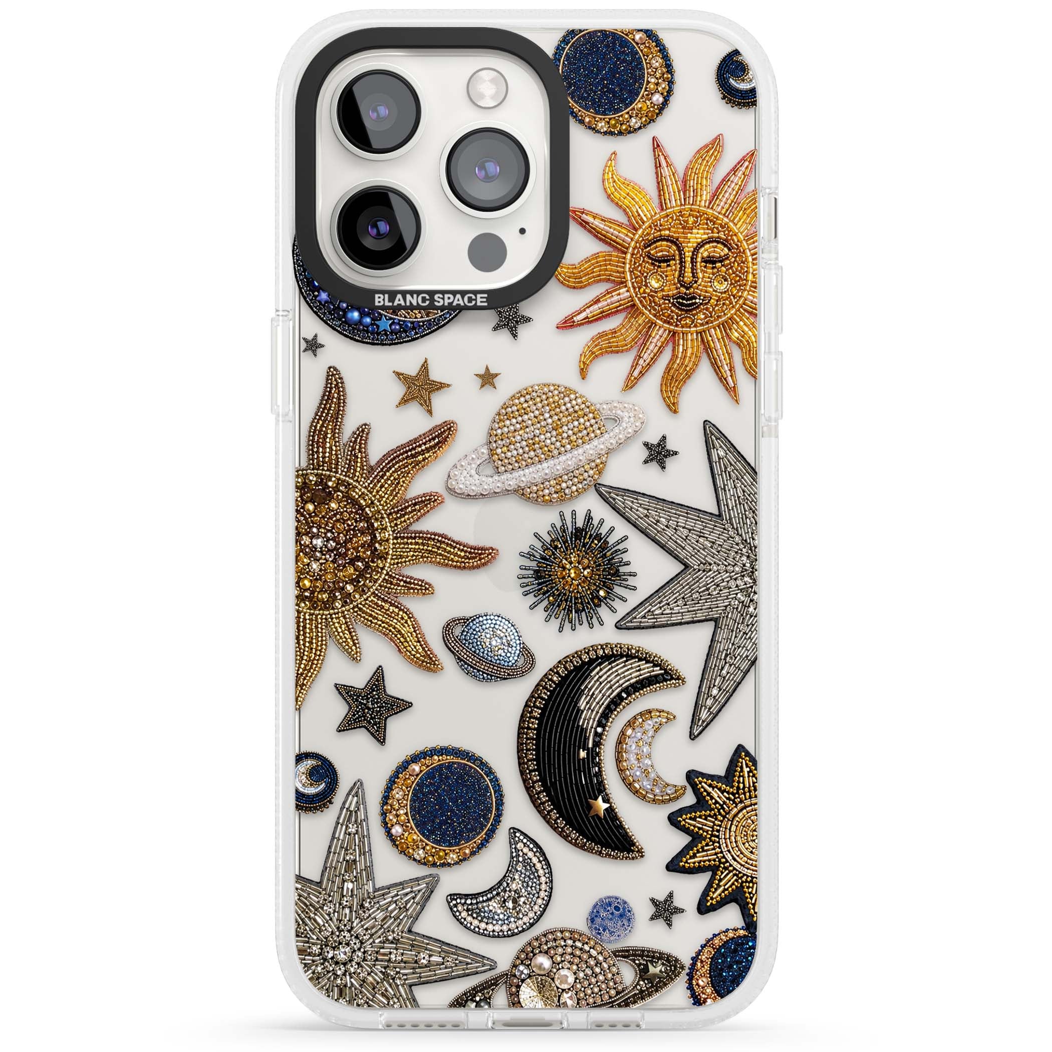 Beaded Cosmos celestial iPhone case featuring embroidered golden suns, beaded planets and silver shooting stars | Clear Case Impact Air case for iPhone 15 Pro, iPhone 15 Pro Max