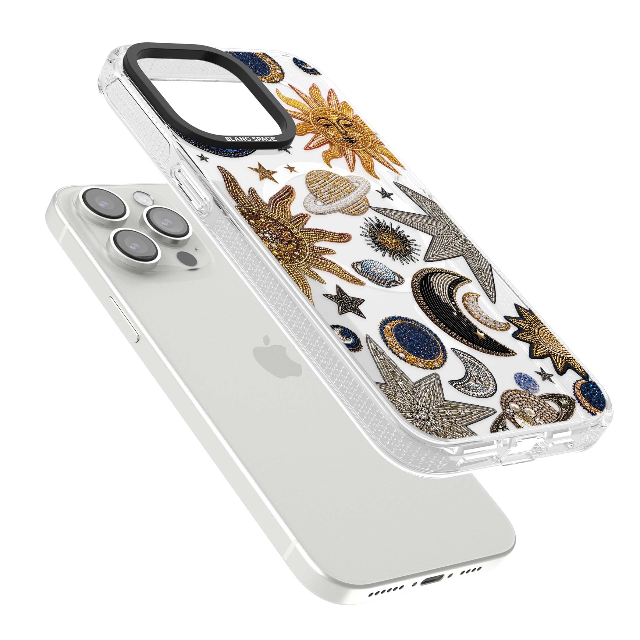 Beaded Cosmos celestial iPhone case featuring embroidered golden suns, beaded planets and silver shooting stars | Clear Case Impact Air case for iPhone 15 Pro, iPhone 15 Pro Max