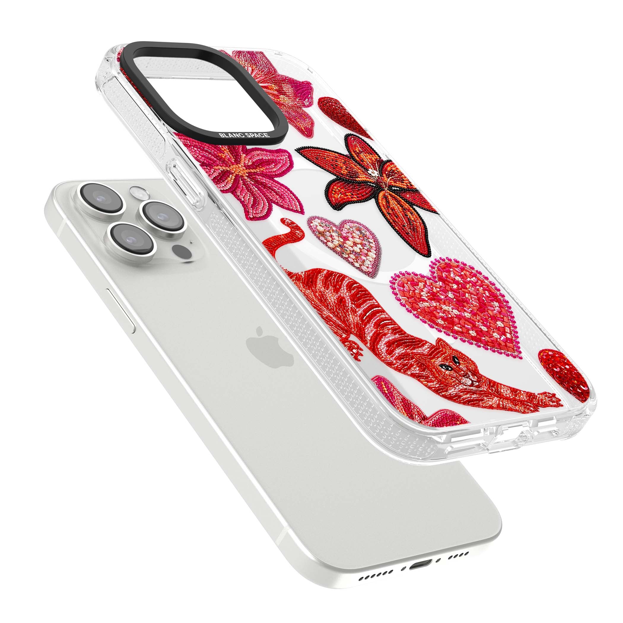 Beaded Boho floral iPhone case featuring beaded red lilies, a stitched tiger, and pearl-encrusted hearts on clear | Clear Case Impact Air case for iPhone 15 Pro, iPhone 15 Pro Max