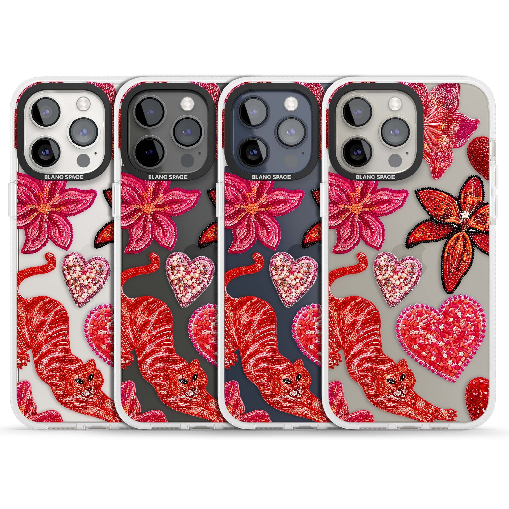 Beaded Boho floral iPhone case featuring beaded red lilies, a stitched tiger, and pearl-encrusted hearts on clear | Clear Case Impact Air case for iPhone 15 Pro, iPhone 15 Pro Max