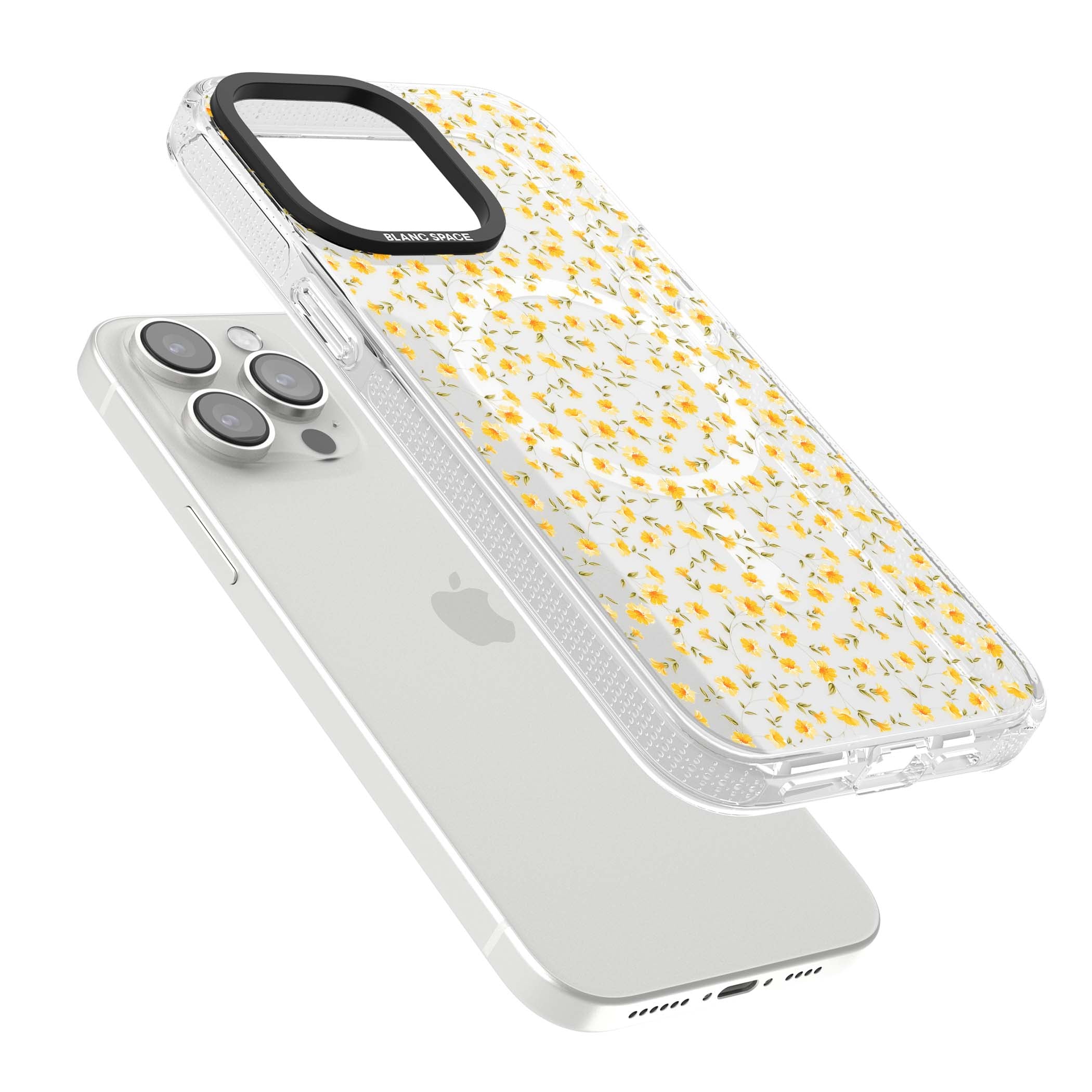 Buttercup wildflower iPhone case featuring tiny yellow flowers and trailing green vines on clear | Clear Case Impact Air case for iPhone 15 Pro, iPhone 15 Pro Max