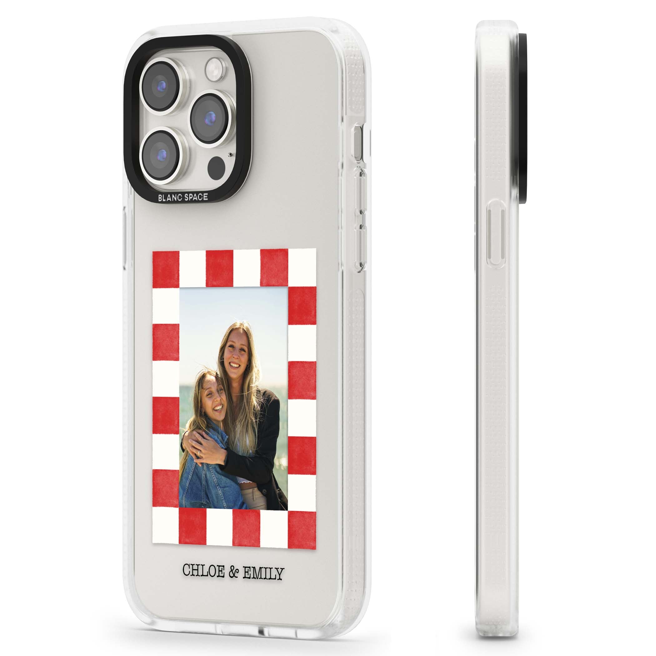 Red Check Photo personalised photo iPhone case with red and white checkered polaroid frame and custom couple name | Clear Case Impact Air case for iPhone 15 Pro, iPhone 15 Pro Max