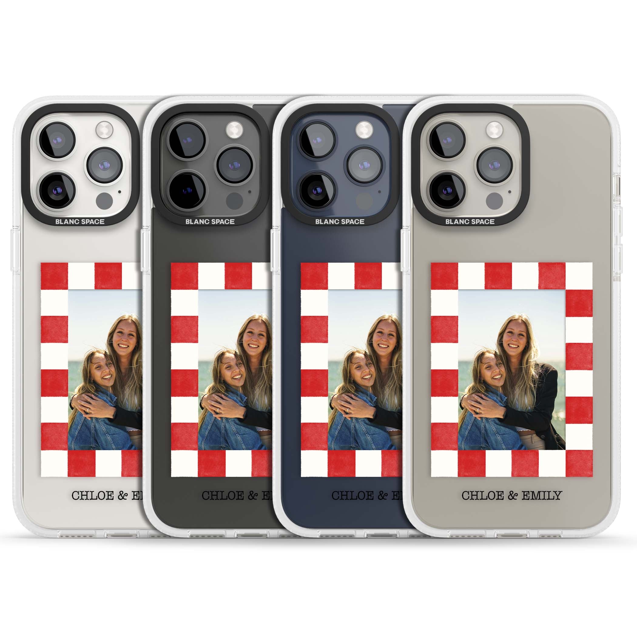 Red Check Photo personalised photo iPhone case with red and white checkered polaroid frame and custom couple name | Clear Case Impact Air case for iPhone 15 Pro, iPhone 15 Pro Max