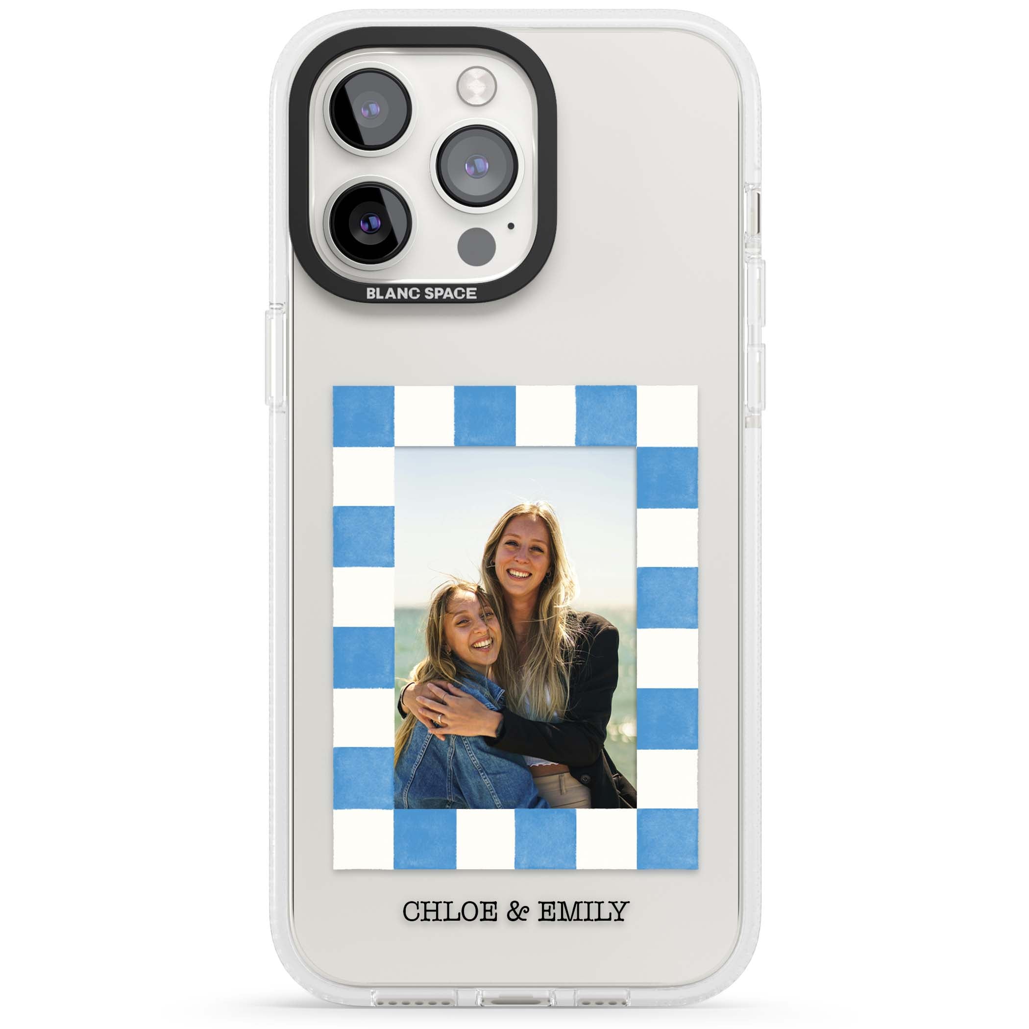 Blue Check Photo personalised photo iPhone case with blue checkered frame and custom couple names | Clear Case Impact Air case for iPhone 15 Pro, iPhone 15 Pro Max