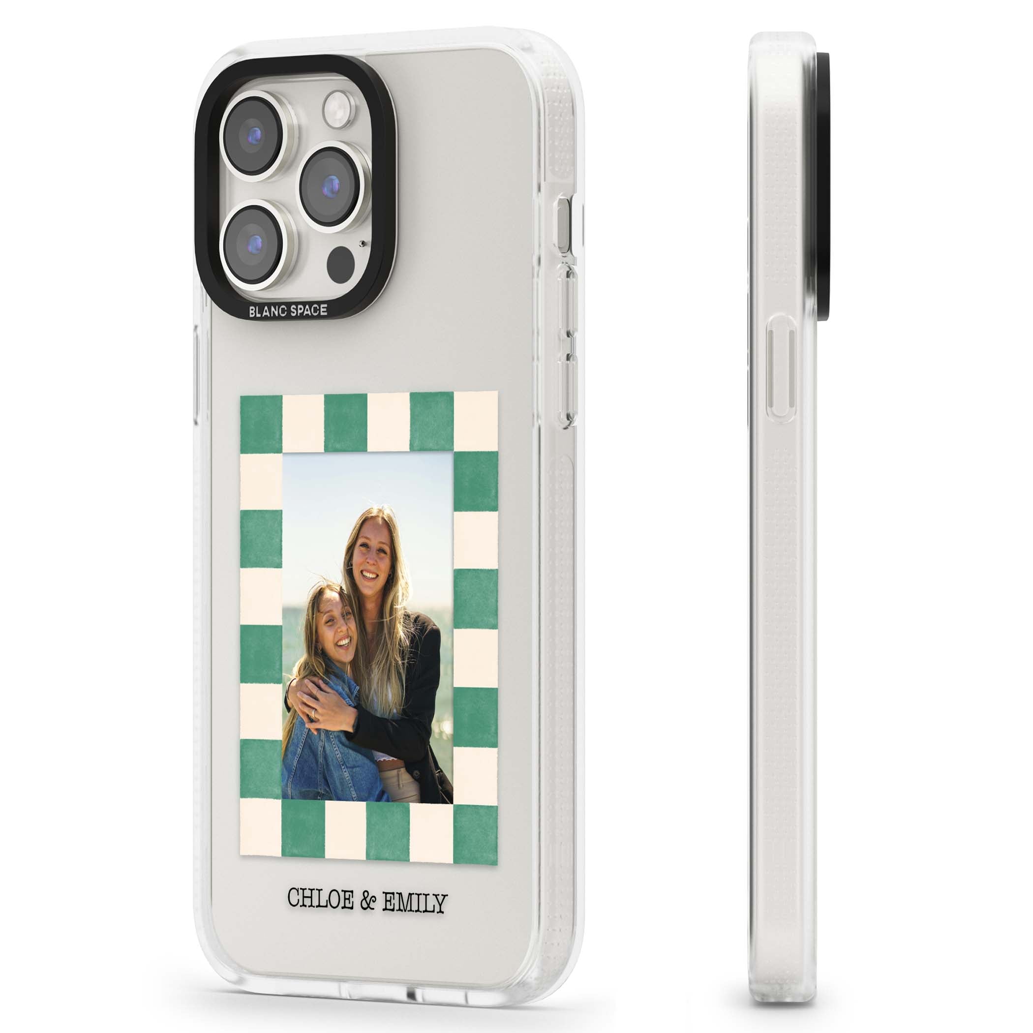Seafoam Check Photo personalised iPhone case featuring a custom polaroid photo, green and cream checkered frame, and custom n | Clear Case Impact Air case for iPhone 15 Pro, iPhone 15 Pro Max