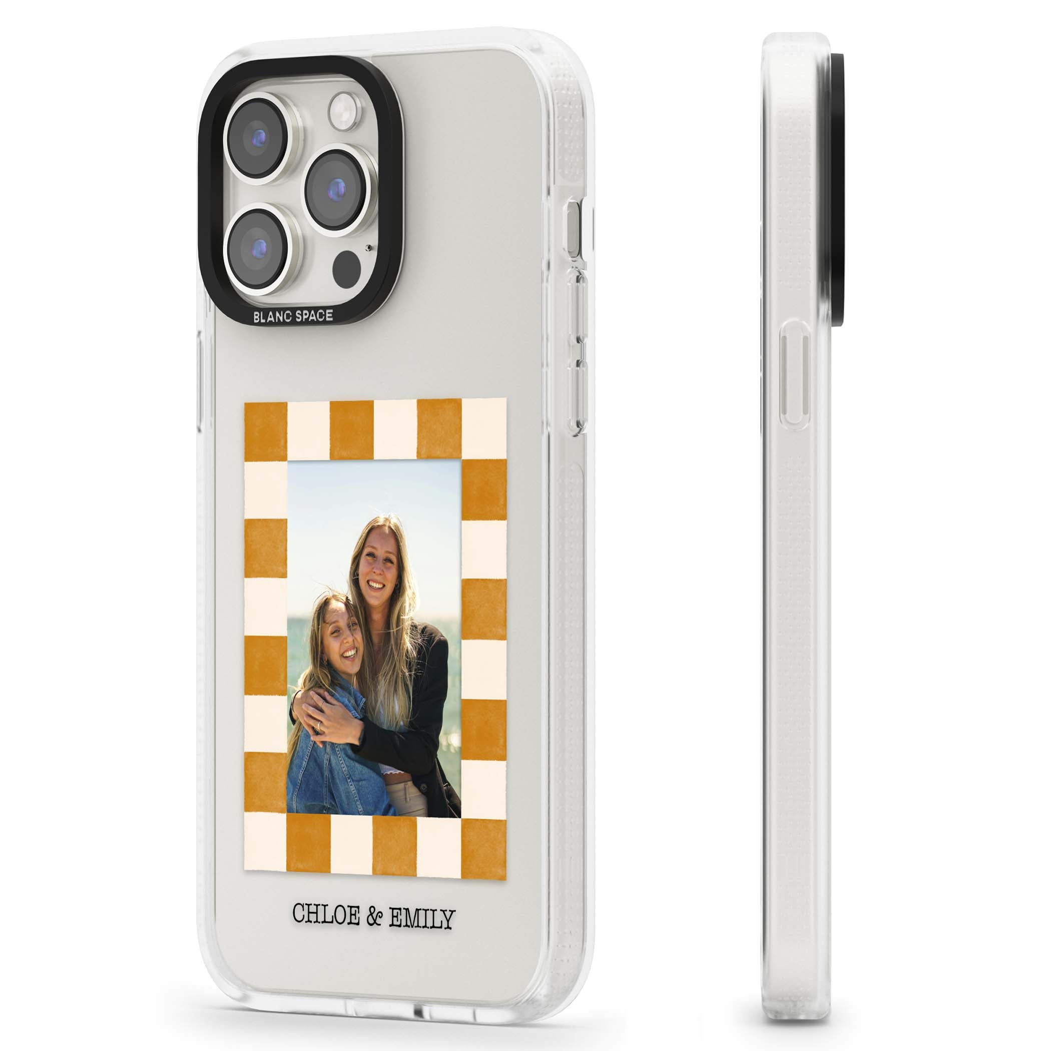Citrus Check Photo personalised iPhone case with custom photo, orange checkered frame and names underneath | Clear Case Impact Air case for iPhone 15 Pro, iPhone 15 Pro Max