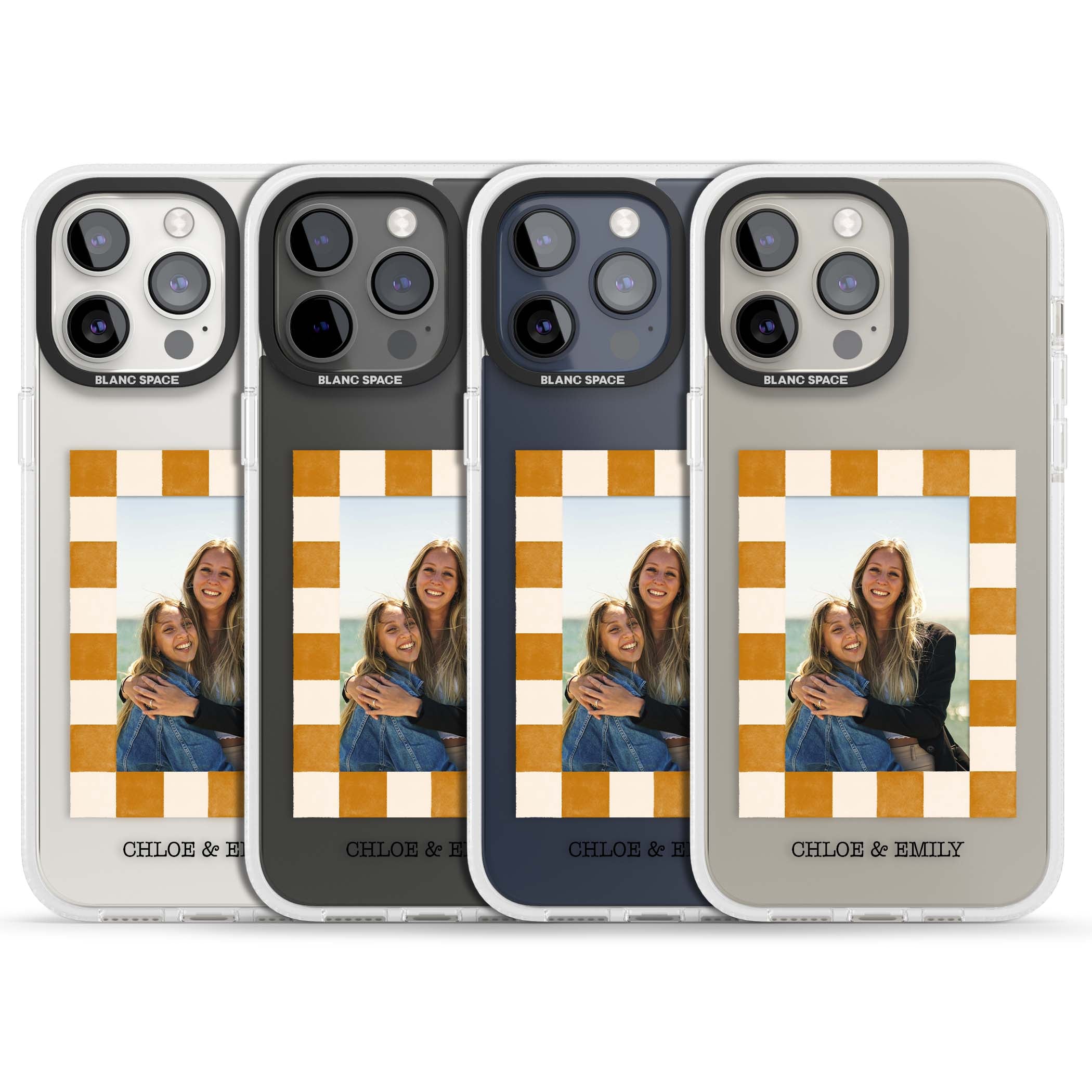 Citrus Check Photo personalised iPhone case with custom photo, orange checkered frame and names underneath | Clear Case Impact Air case for iPhone 15 Pro, iPhone 15 Pro Max