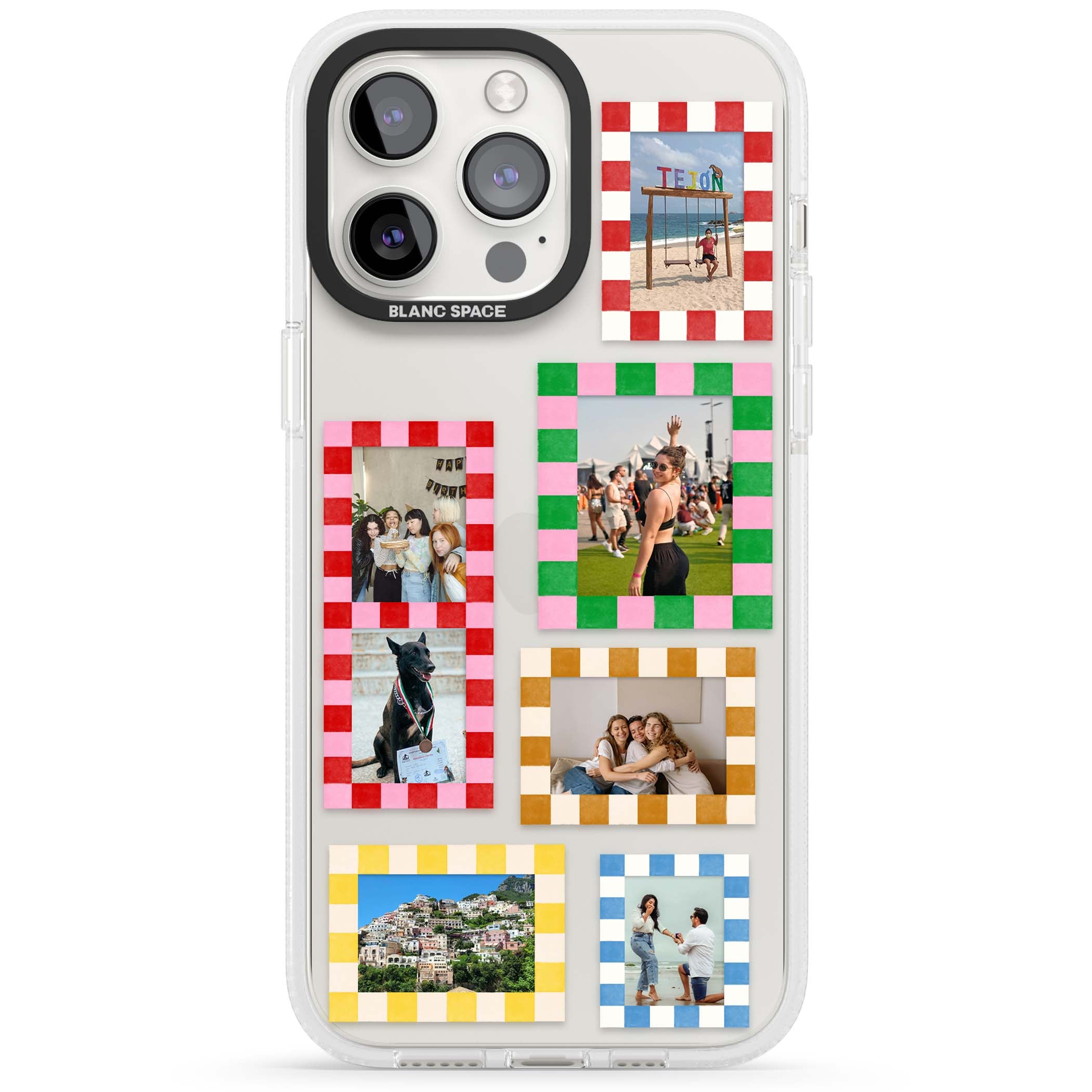Italian Check Frames custom photo collage iPhone case featuring six checkered photo frames in red, green, pink and  | Clear Case Impact Air case for iPhone 15 Pro, iPhone 15 Pro Max