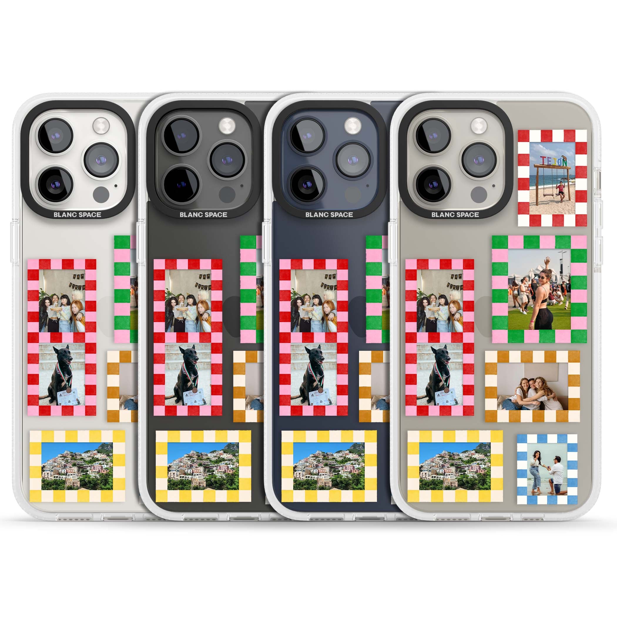 Italian Check Frames custom photo collage iPhone case featuring six checkered photo frames in red, green, pink and  | Clear Case Impact Air case for iPhone 15 Pro, iPhone 15 Pro Max
