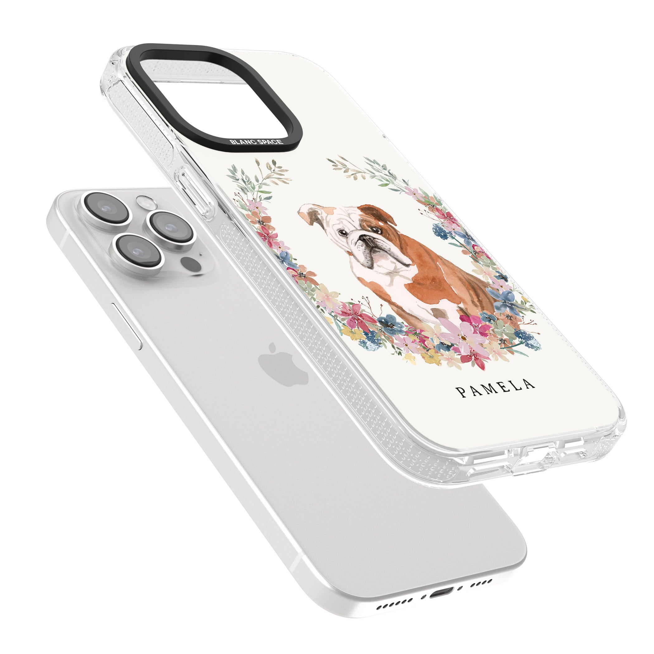 Personalised English Bulldog - Watercolour Dog Portrait iPhone 15 Pro Max / 15 Pro / 14 Pro Max / 14 Pro / 13 Pro Clear Case Impact Air - Blanc Space