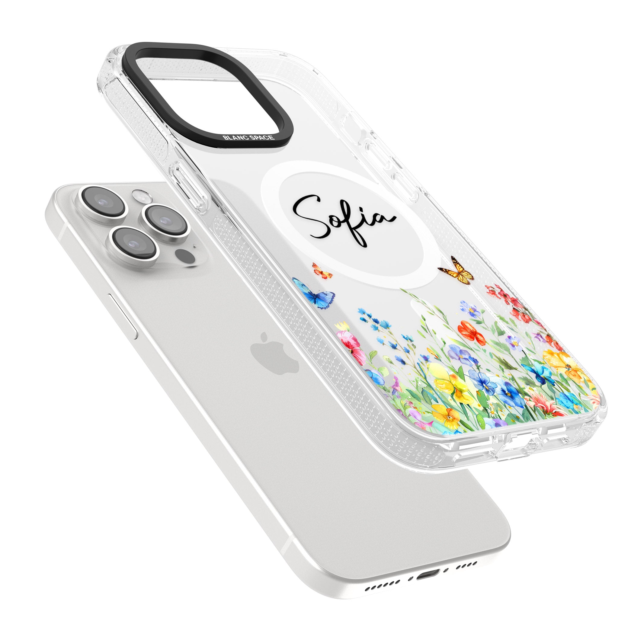 Personalised Butterflies & Wildflowers iPhone 15 Pro Max / 15 Pro / 14 Pro Max / 14 Pro / 13 Pro Clear Case Impact Air - Blanc Space