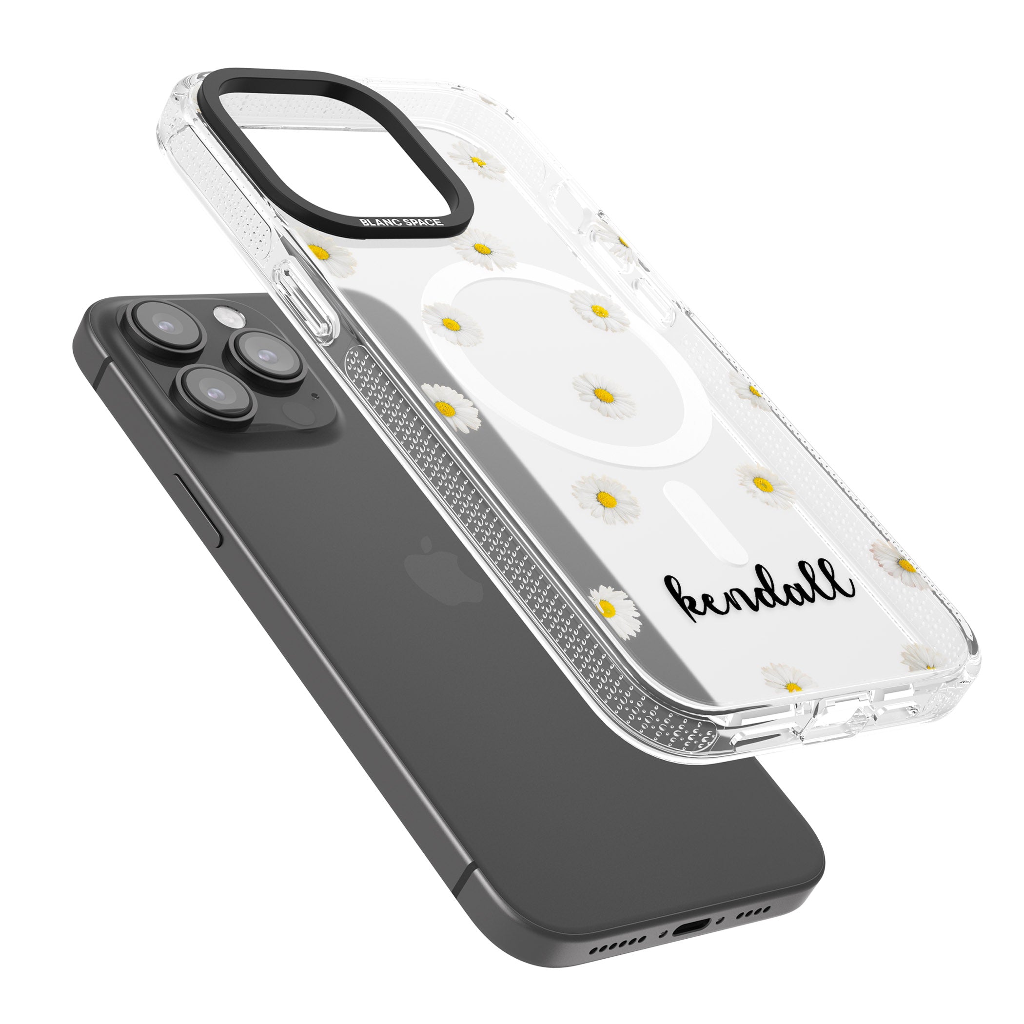 Personalised White Daisies & Cursive iPhone 15 Pro Max / 15 Pro / 14 Pro Max / 14 Pro / 13 Pro Clear Case Impact Air - Blanc Space