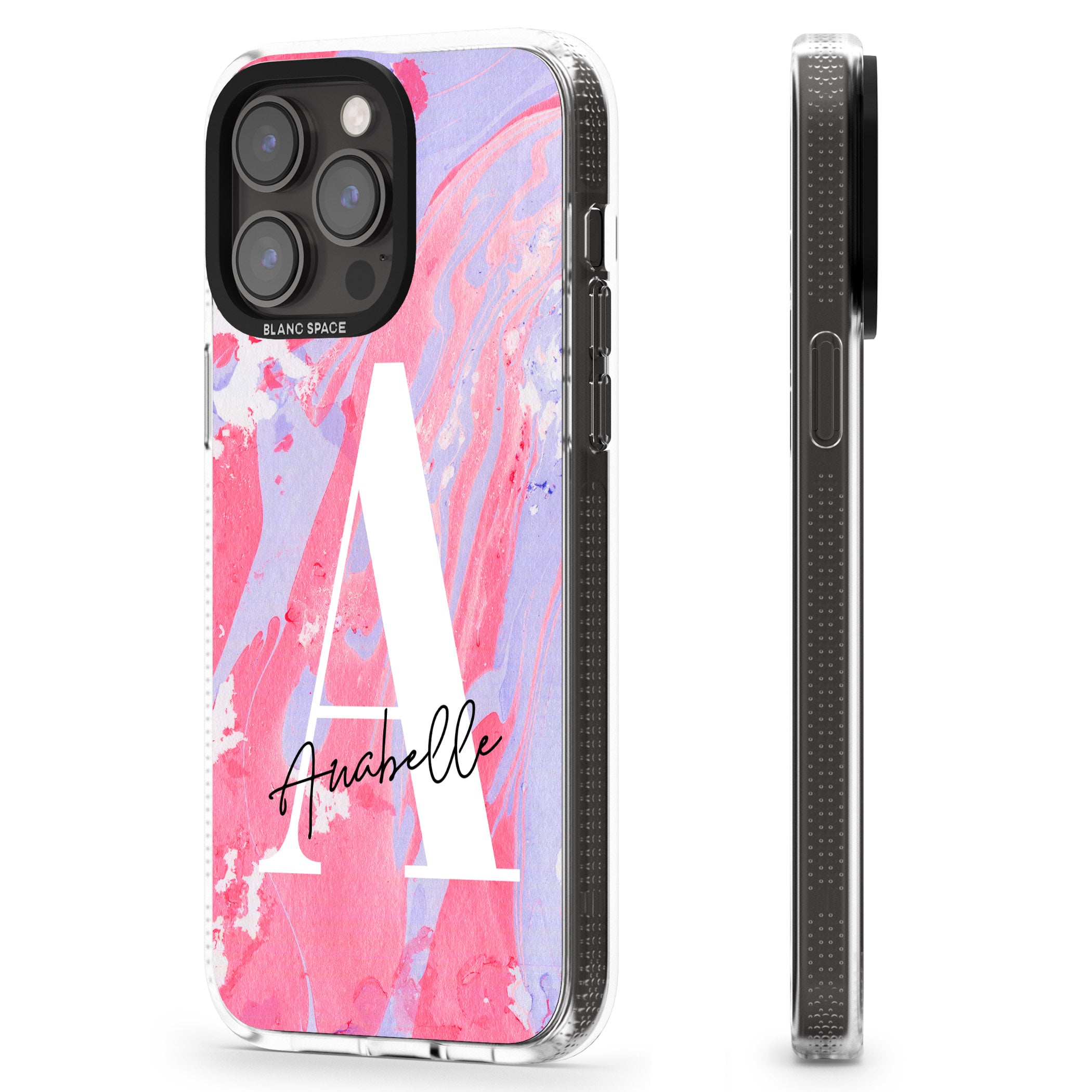Personalised Pink & Purple - Marble iPhone 15 Pro Max / 15 Pro / 14 Pro Max / 14 Pro / 13 Pro Clear Case Impact Air - Blanc Space