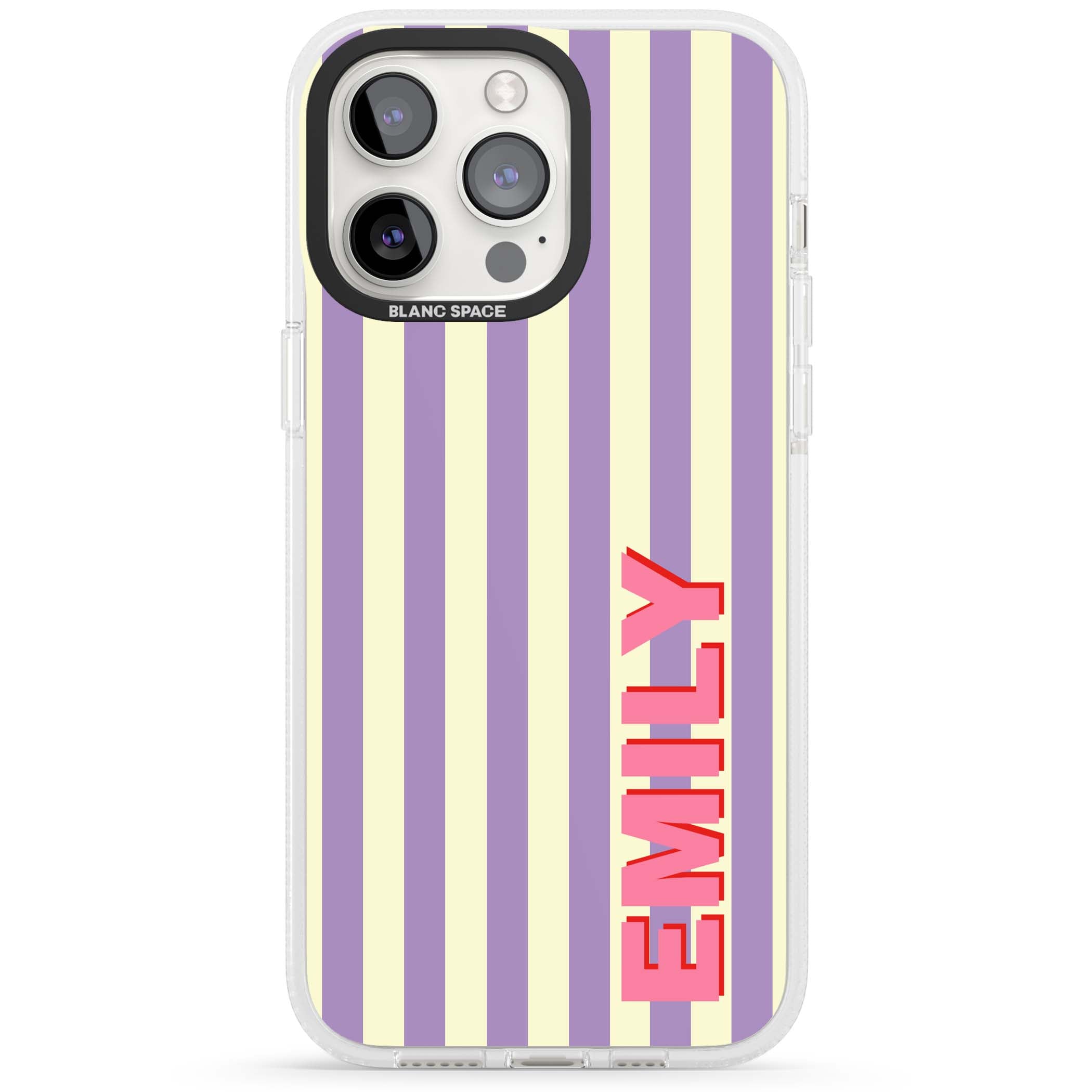 Valensole Stripe personalised iPhone case with purple and cream vertical stripes and pink custom name | Clear Case Impact Air case for iPhone 15 Pro, iPhone 15 Pro Max