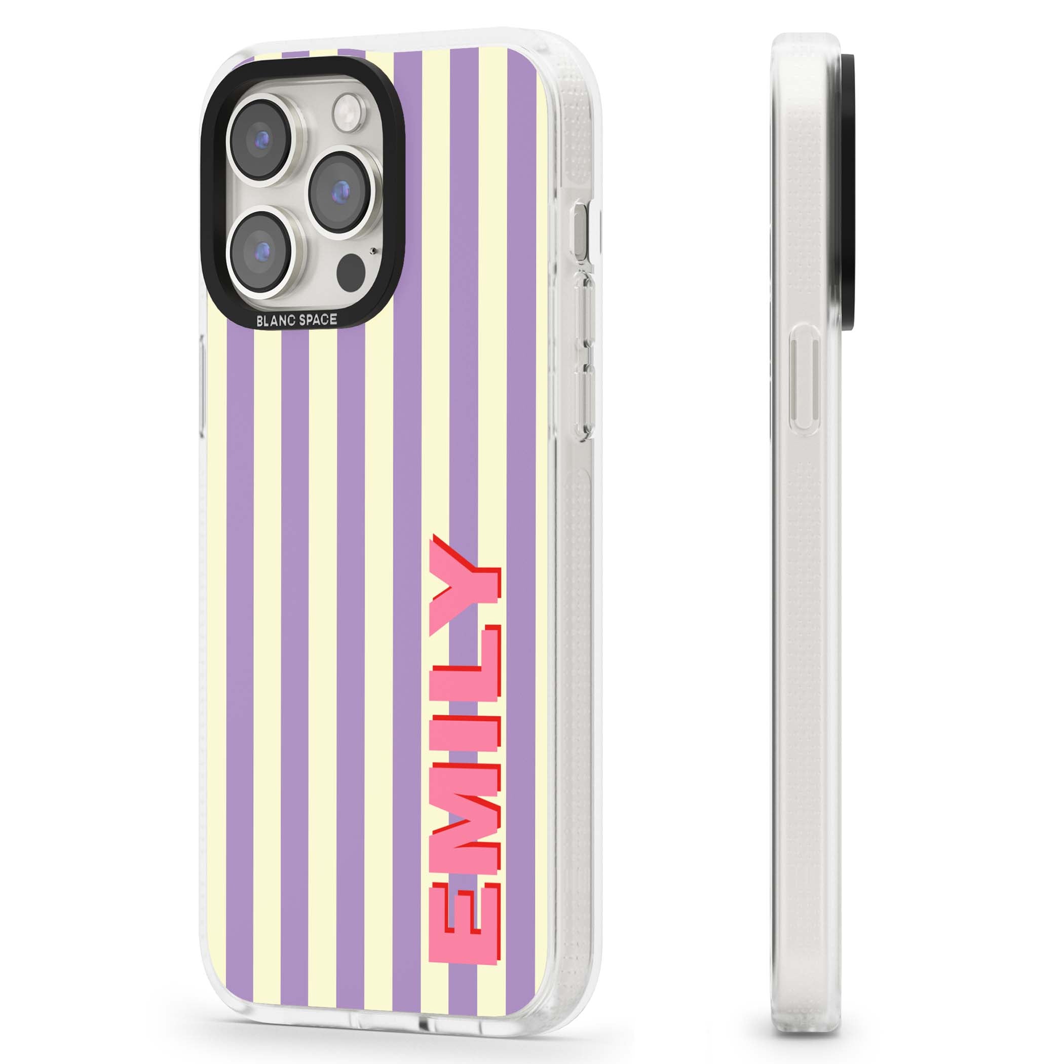 Valensole Stripe personalised iPhone case with purple and cream vertical stripes and pink custom name | Clear Case Impact Air case for iPhone 15 Pro, iPhone 15 Pro Max