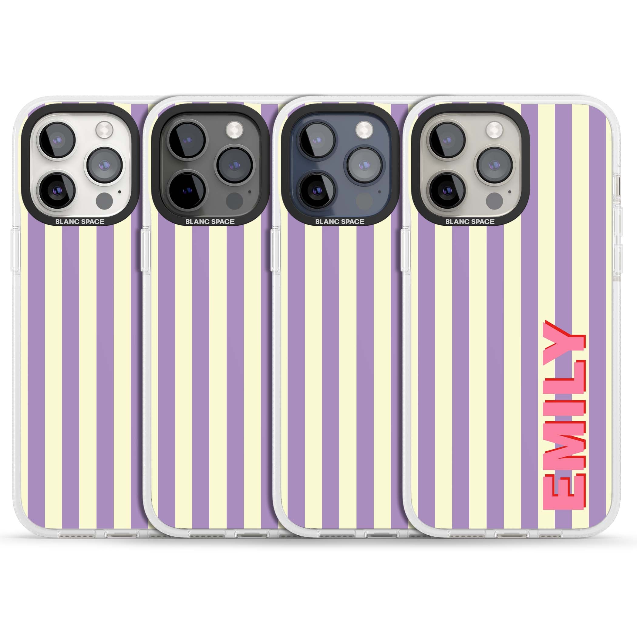 Valensole Stripe personalised iPhone case with purple and cream vertical stripes and pink custom name | Clear Case Impact Air case for iPhone 15 Pro, iPhone 15 Pro Max