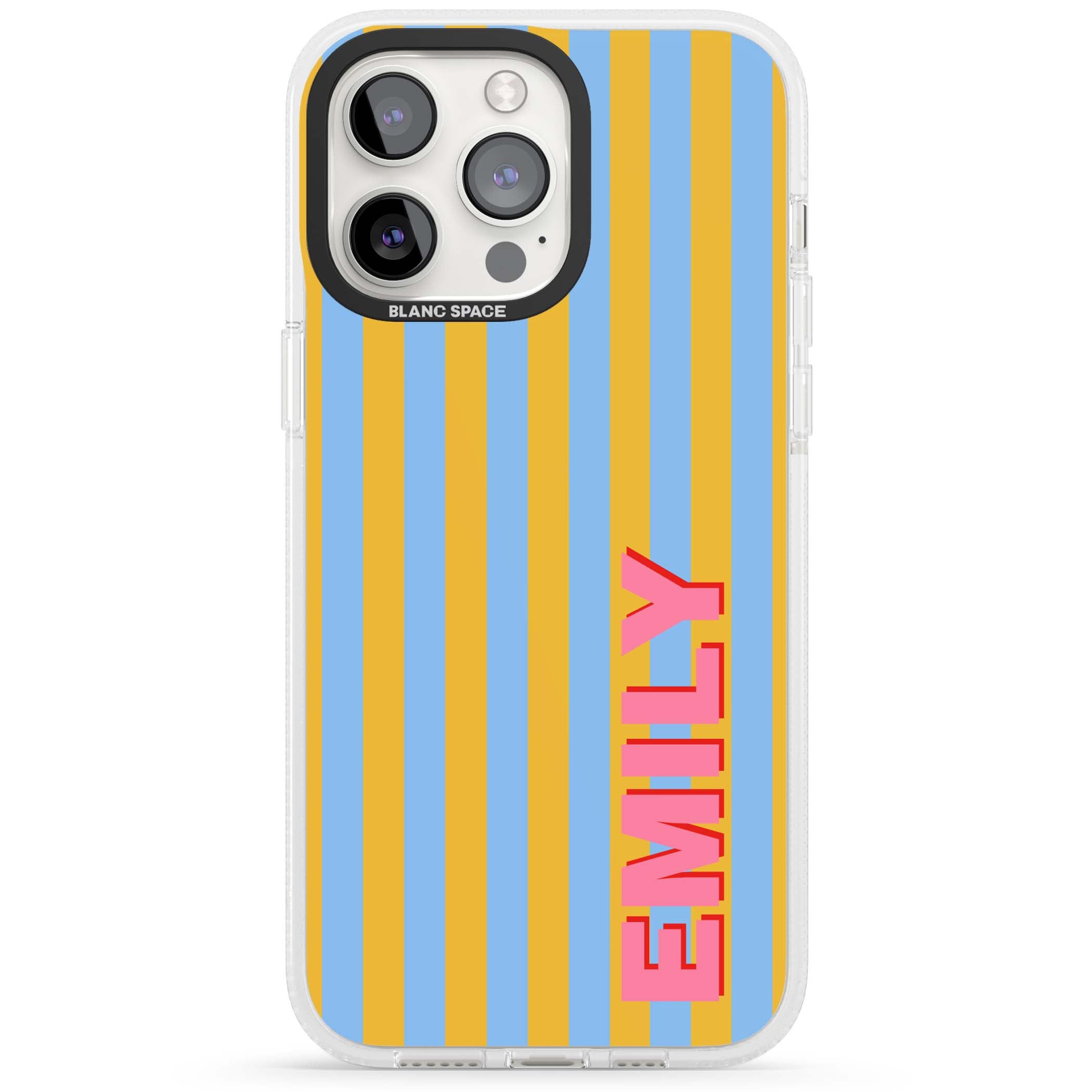 Carribean Stripe personalised coastal iPhone case with yellow and blue vertical stripes and a custom pink name | Clear Case Impact Air case for iPhone 15 Pro, iPhone 15 Pro Max