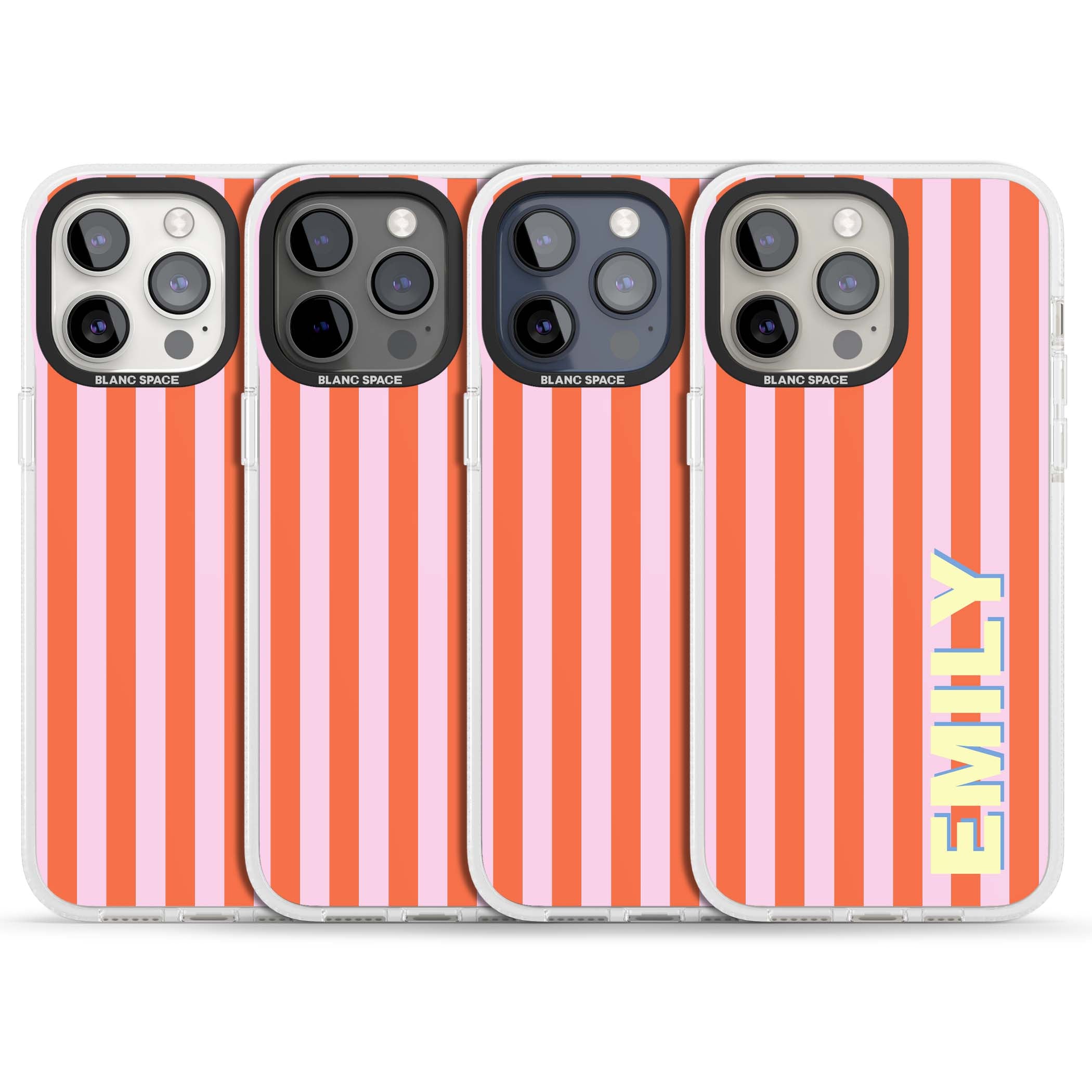 Havana Stripe personalised iPhone case featuring pink and orange vertical stripes with a custom yellow name | Clear Case Impact Air case for iPhone 15 Pro, iPhone 15 Pro Max