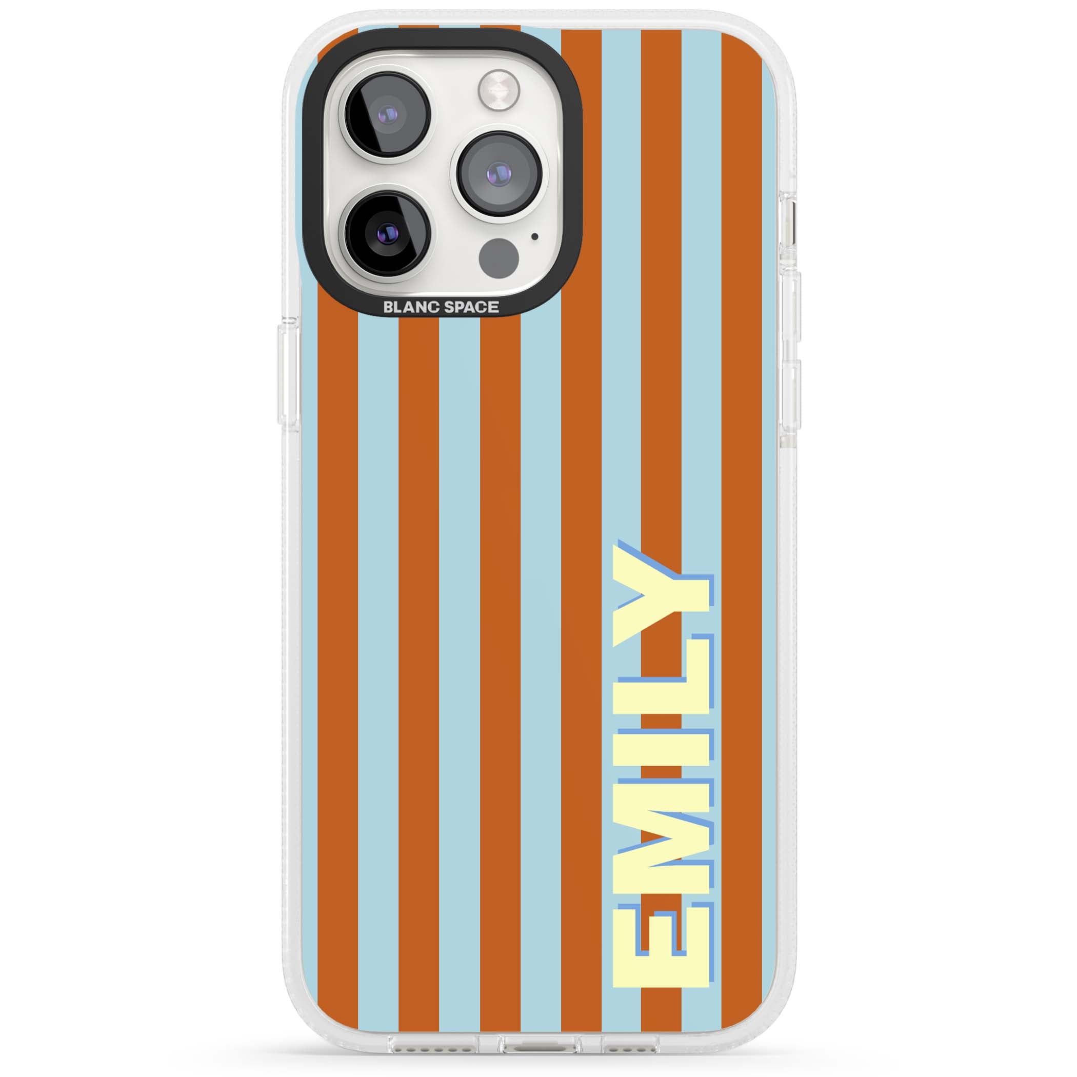 Cappadocia Stripe personalised coastal iPhone case featuring blue and orange vertical stripes with custom cream name | Clear Case Impact Air case for iPhone 15 Pro, iPhone 15 Pro Max
