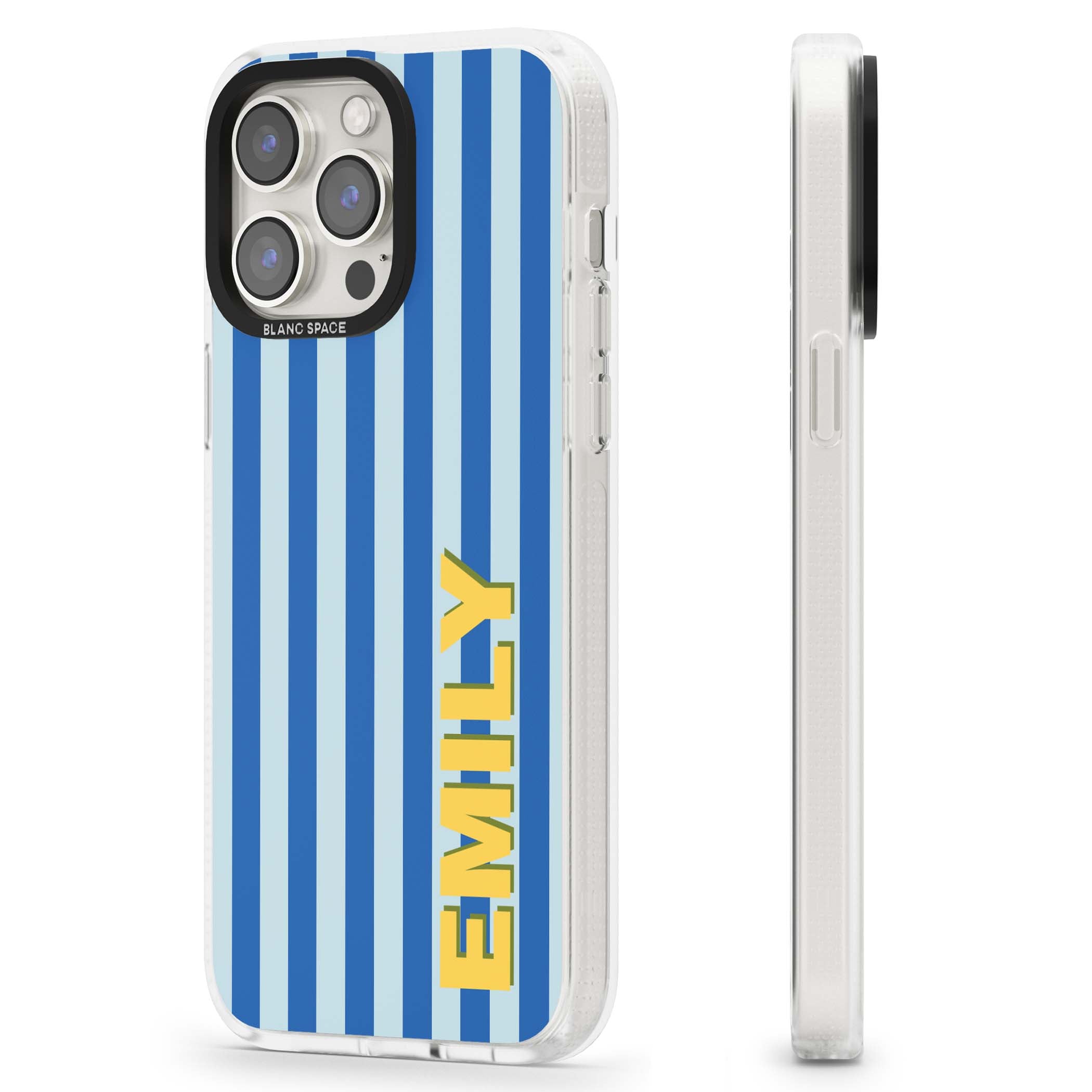 Athenian Stripe personalised preppy iPhone case featuring blue vertical stripes and a custom yellow name | Clear Case Impact Air case for iPhone 15 Pro, iPhone 15 Pro Max