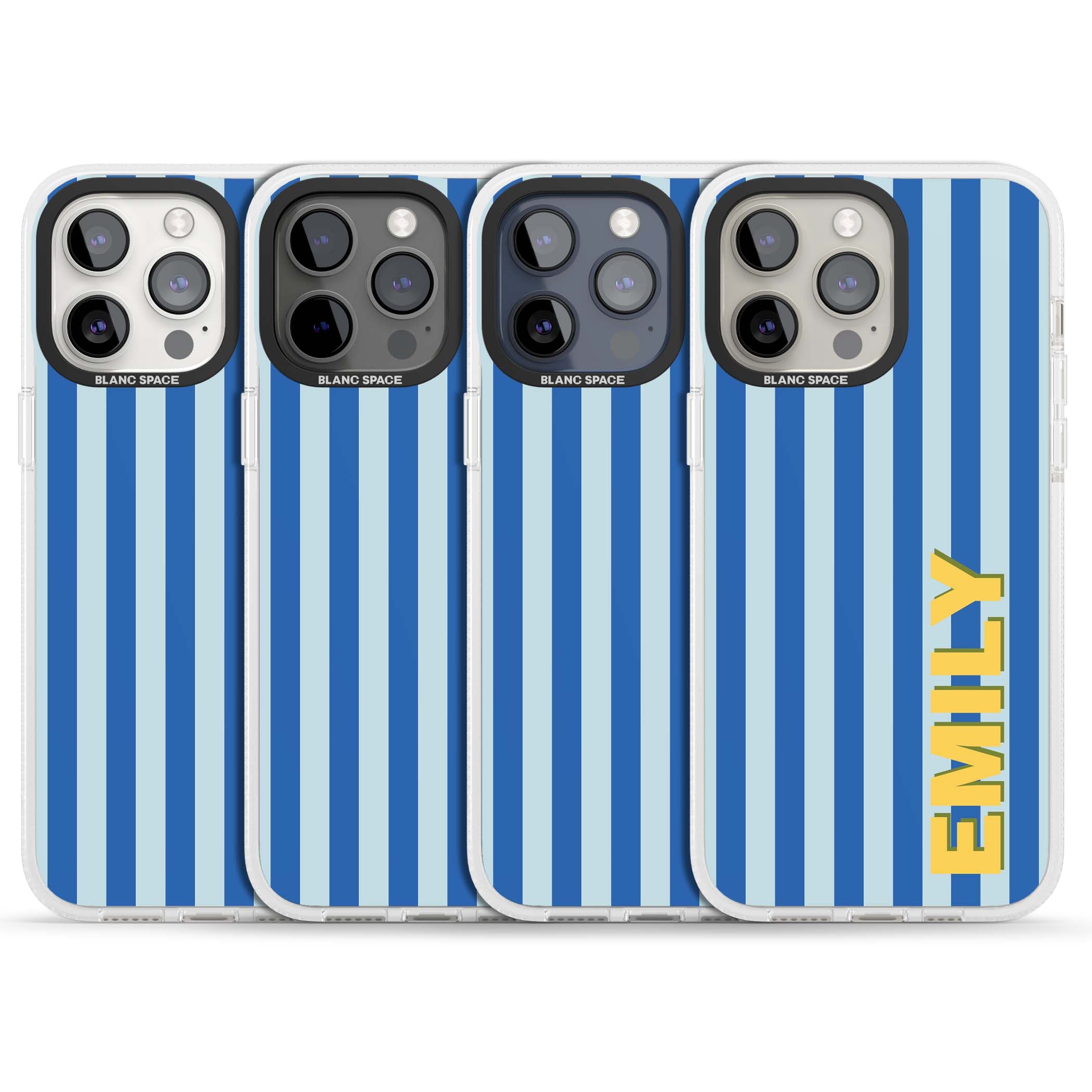 Athenian Stripe personalised preppy iPhone case featuring blue vertical stripes and a custom yellow name | Clear Case Impact Air case for iPhone 15 Pro, iPhone 15 Pro Max