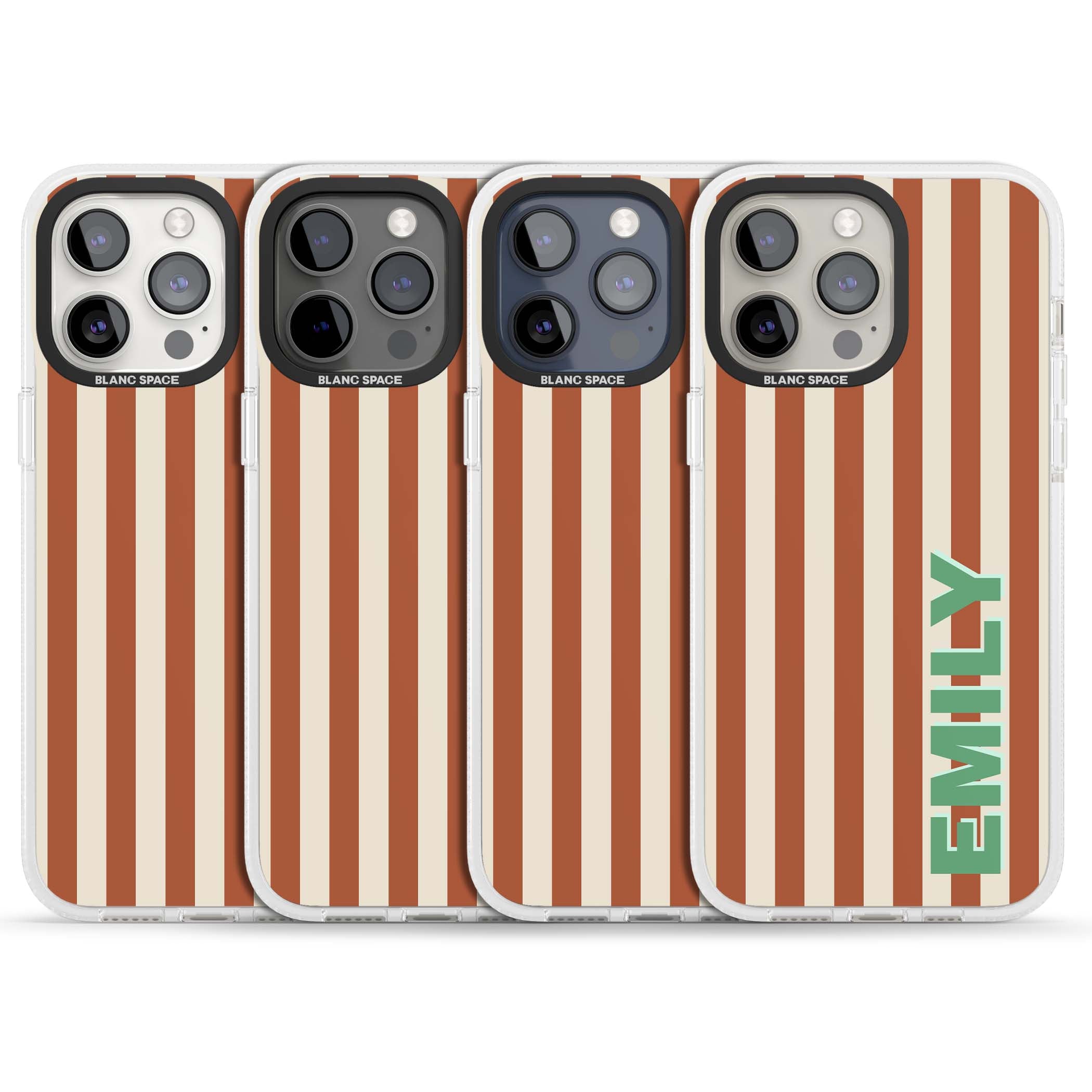 Dune Stripe personalised iPhone case with rust and cream vertical stripes and custom name in mint green | Clear Case Impact Air case for iPhone 15 Pro, iPhone 15 Pro Max