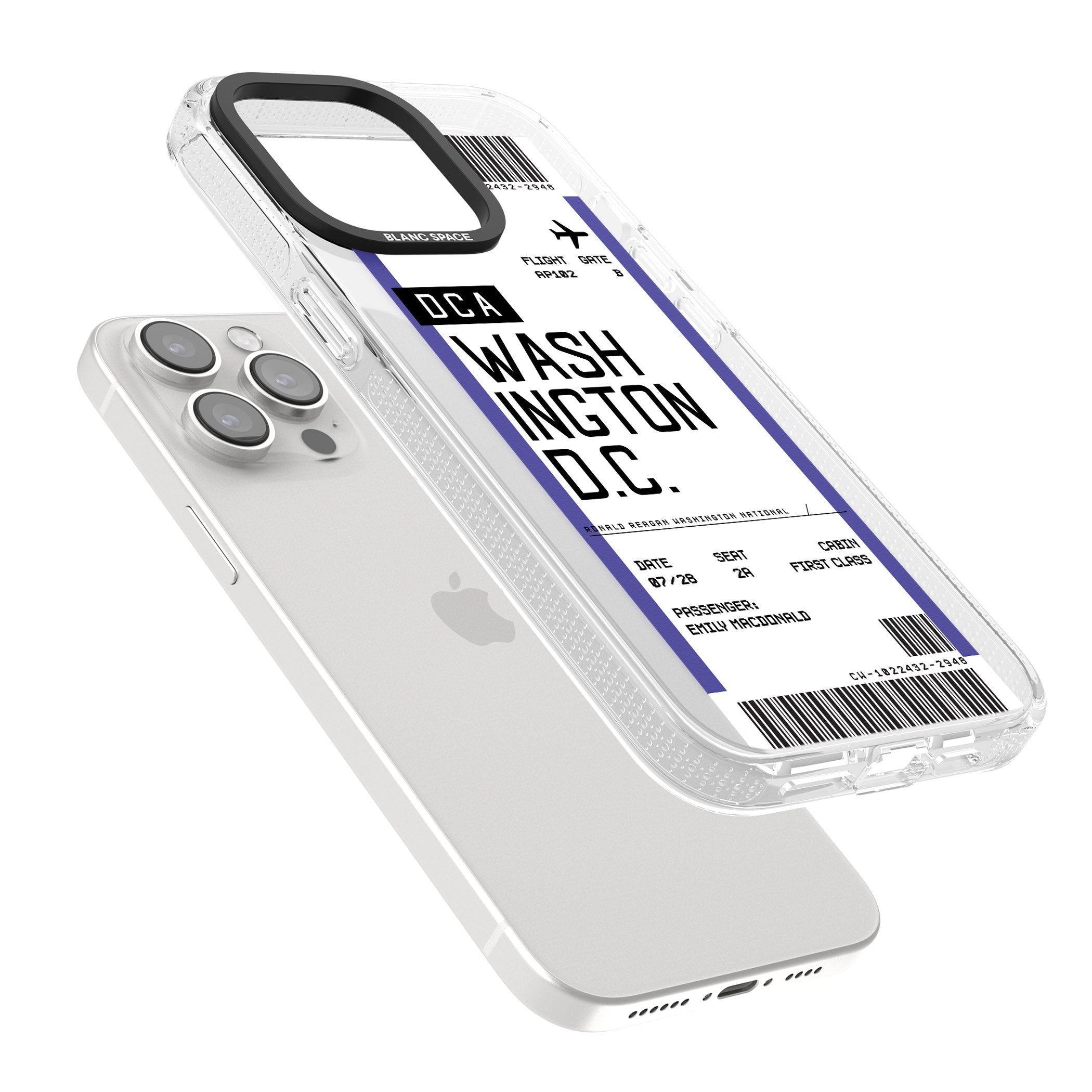 Personalised Washington D.C. Boarding Pass iPhone 15 Pro Max / 15 Pro / 14 Pro Max / 14 Pro / 13 Pro Clear Case Impact Air - Blanc Space