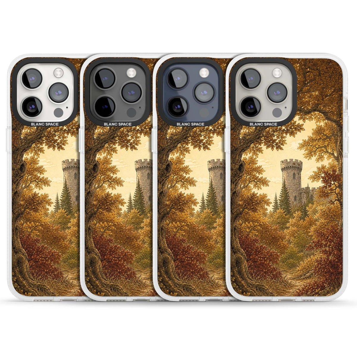 Autumn Keep cottagecore iPhone case featuring a medieval castle tower framed by golden autumn trees and woodland foliage | Clear Case Impact Air case for iPhone 15 Pro, iPhone 15 Pro Max