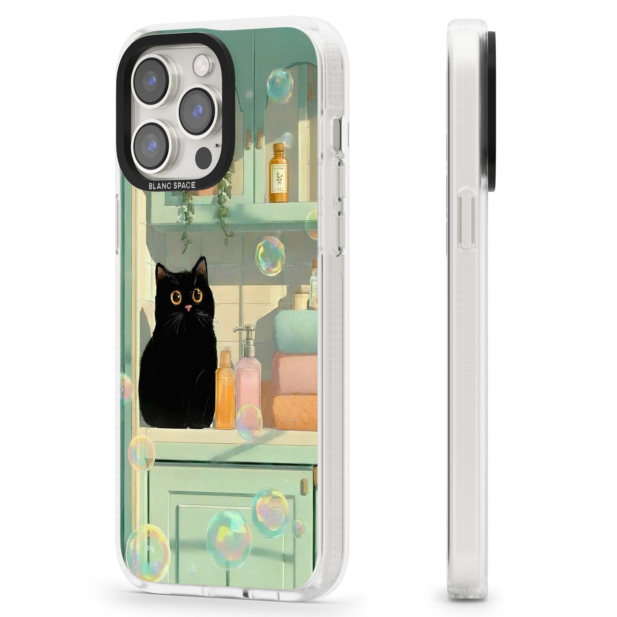 Bathroom Bubble Kitty cottagecore iPhone case featuring a black cat, mint bathroom scene and floating soap bubbles | Clear Case Impact Air case for iPhone 15 Pro, iPhone 15 Pro Max