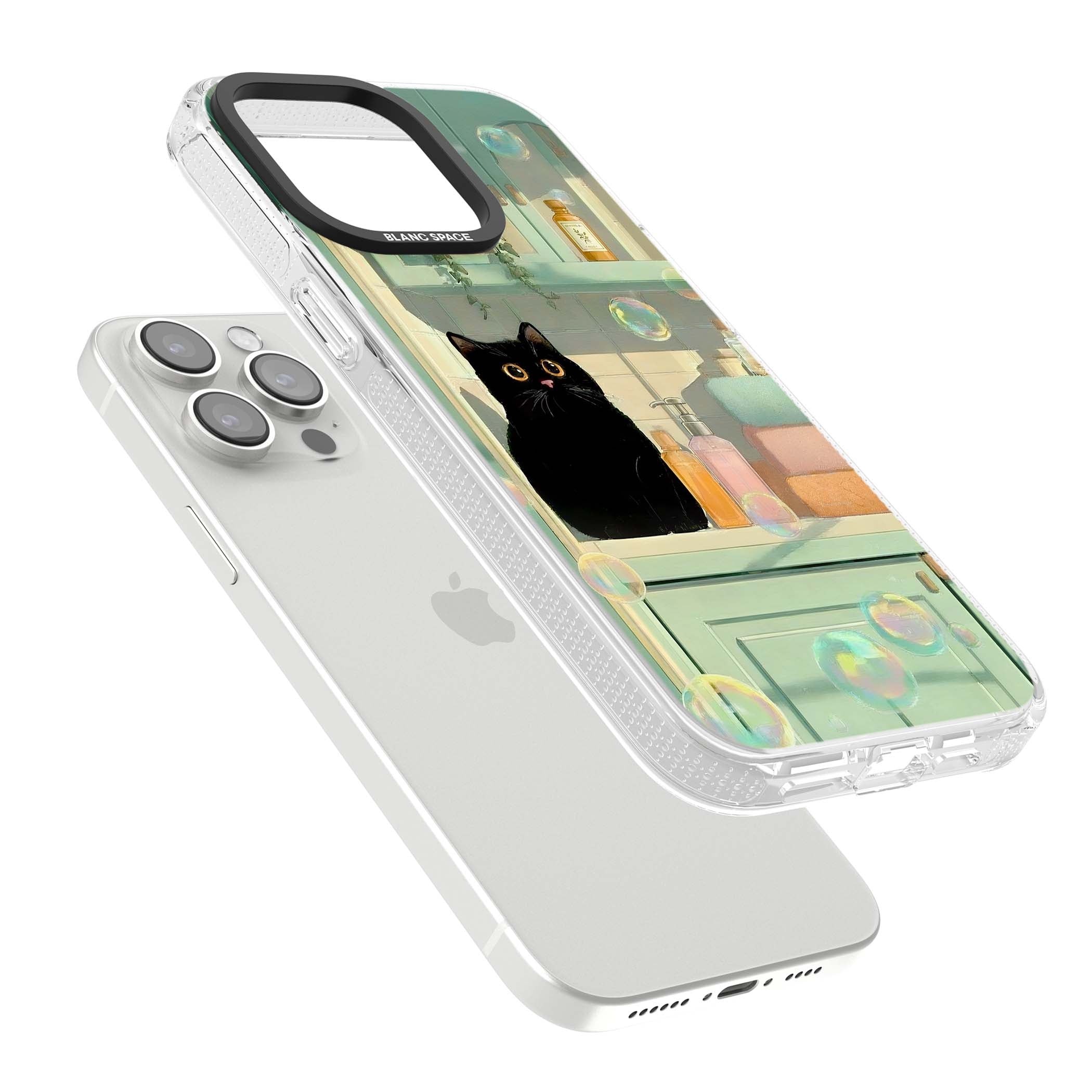 Bathroom Bubble Kitty cottagecore iPhone case featuring a black cat, mint bathroom scene and floating soap bubbles | Clear Case Impact Air case for iPhone 15 Pro, iPhone 15 Pro Max