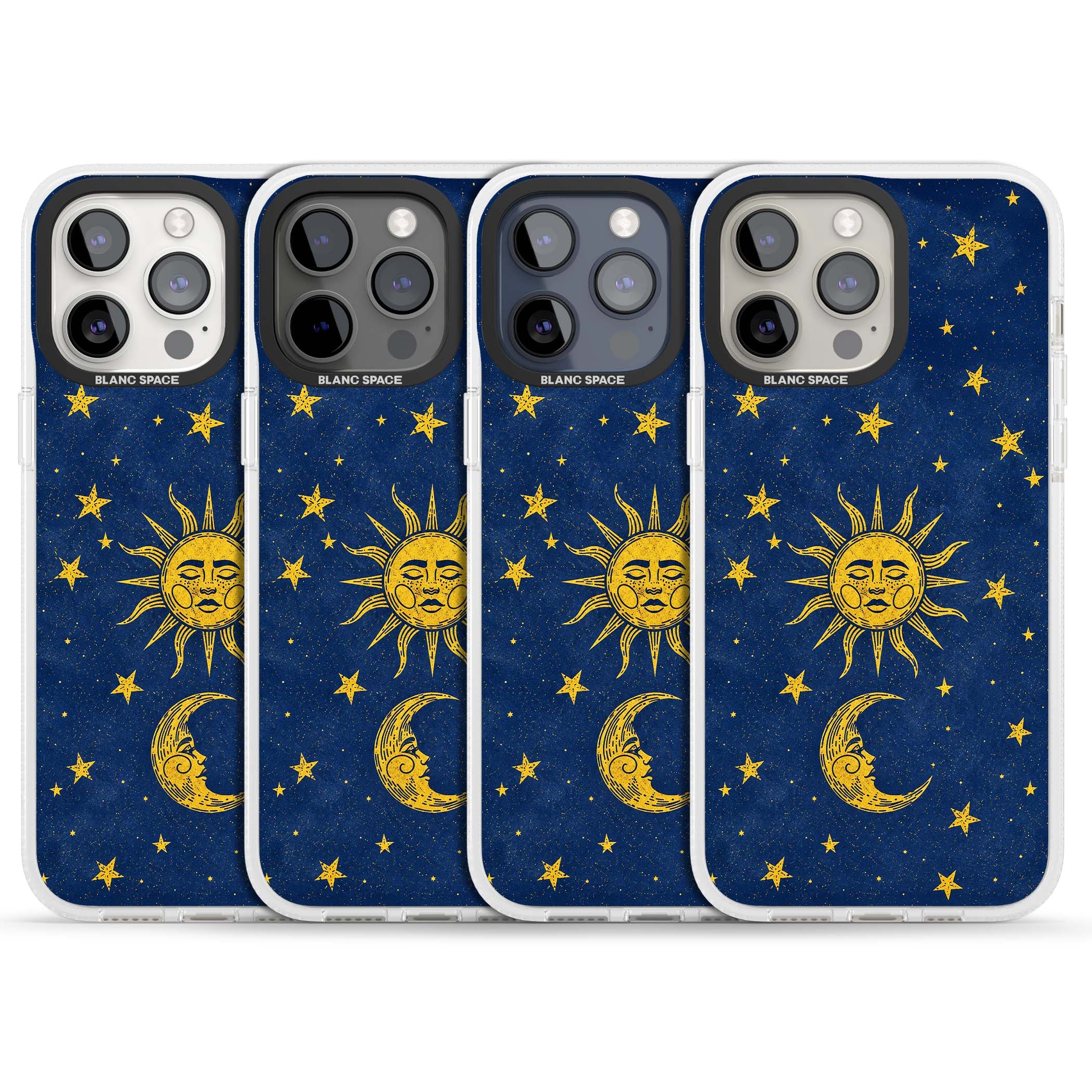 Sun & Moon Reverie celestial iPhone case featuring a vintage golden sun, crescent moon and scattered stars on midnight blue | Clear Case Impact Air case for iPhone 15 Pro, iPhone 15 Pro Max
