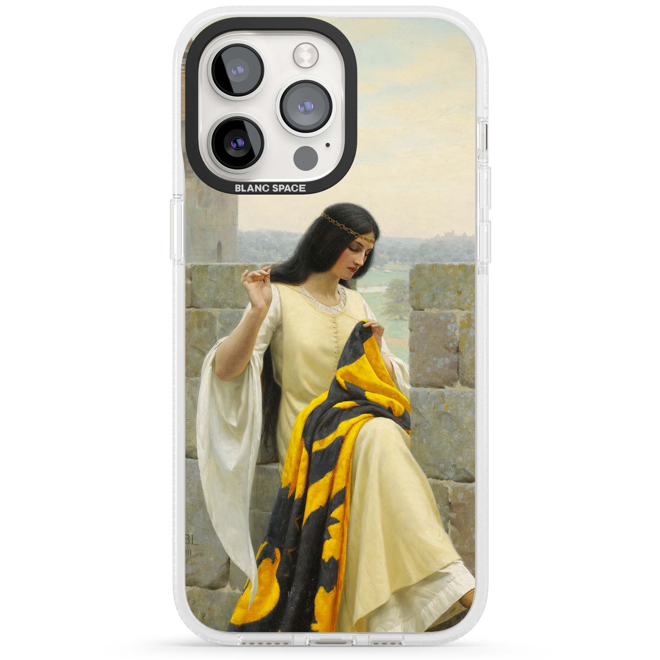 Stitching the Standard renaissance art iPhone case featuring a medieval lady sewing a golden banner on a castle wall | Clear Case Impact Air case for iPhone 15 Pro, iPhone 15 Pro Max
