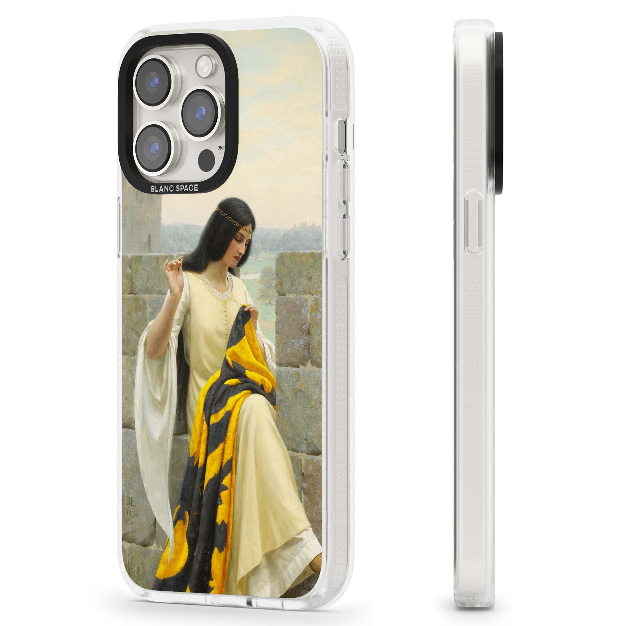 Stitching the Standard renaissance art iPhone case featuring a medieval lady sewing a golden banner on a castle wall | Clear Case Impact Air case for iPhone 15 Pro, iPhone 15 Pro Max