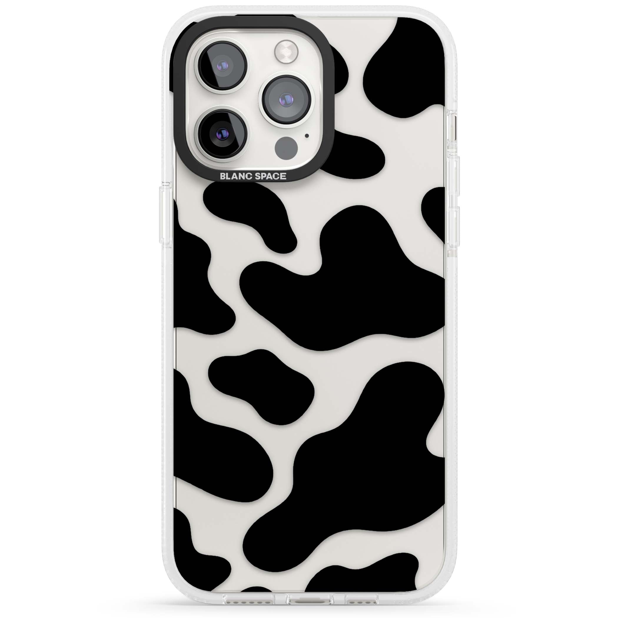 Clear Cow Print cow print iPhone case featuring black and white cow pattern splotches on a clear background | Clear Case Impact Air case for iPhone 15 Pro, iPhone 15 Pro Max