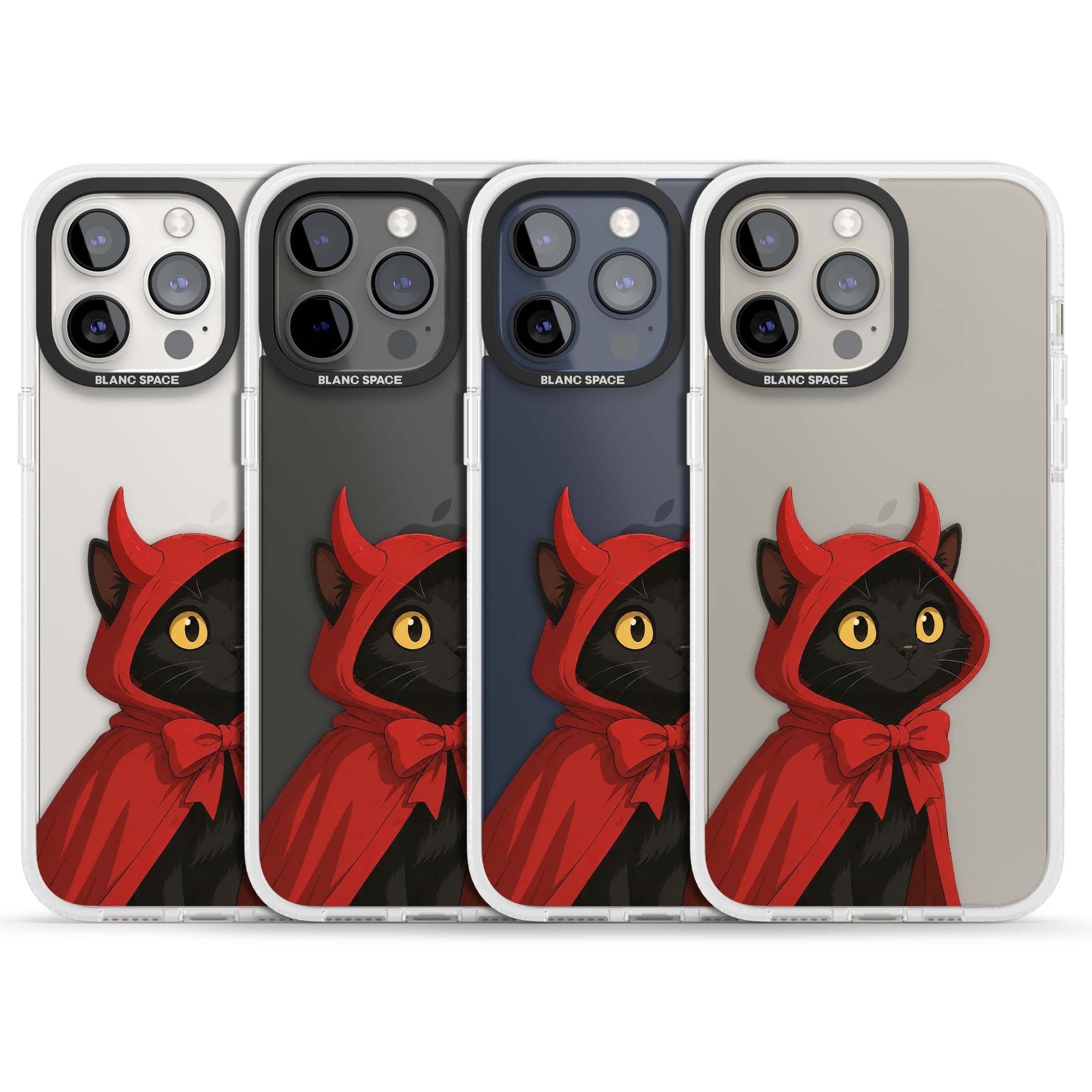 Little Devil halloween iPhone case featuring a black cat in a red hooded devil cloak with horns and golden eyes | Clear Case Impact Air case for iPhone 15 Pro, iPhone 15 Pro Max
