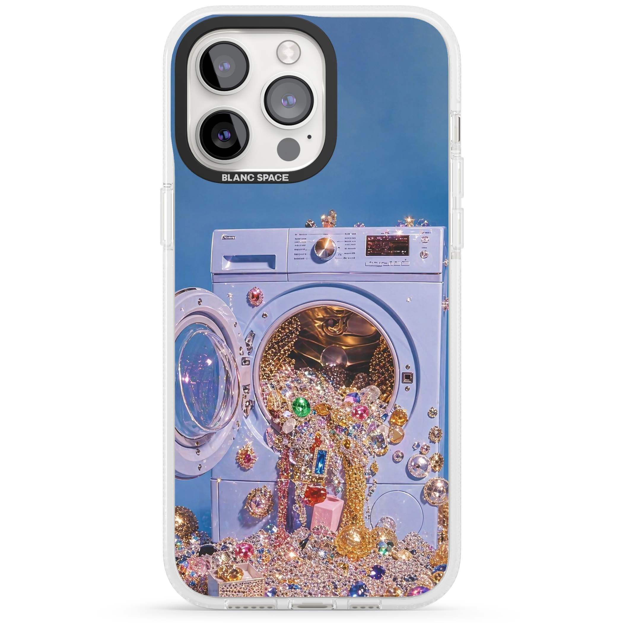 Gem Laundry baddie iPhone case featuring a surreal washing machine overflowing with colourful gemstones and crystals | Clear Case Impact Air case for iPhone 15 Pro, iPhone 15 Pro Max