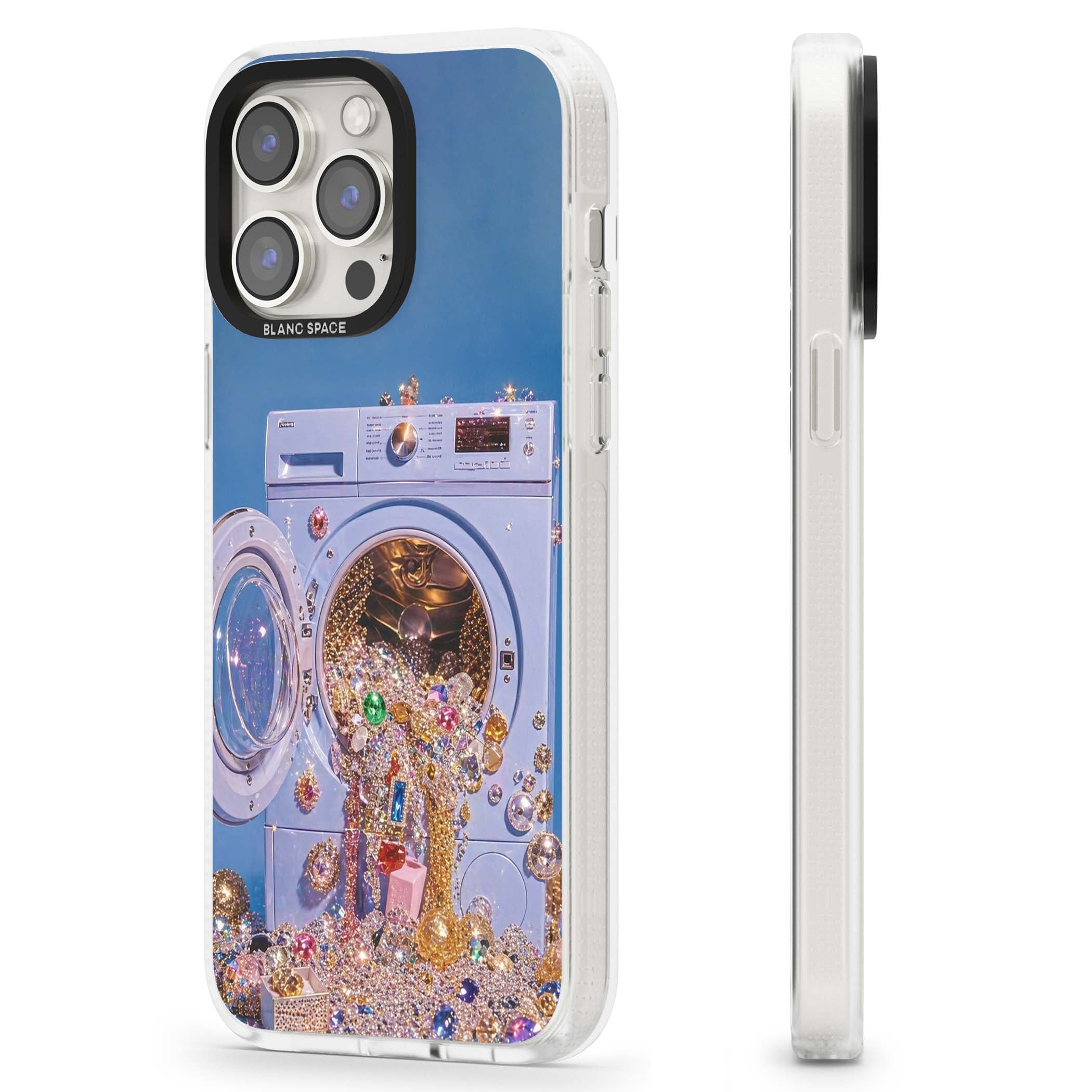 Gem Laundry baddie iPhone case featuring a surreal washing machine overflowing with colourful gemstones and crystals | Clear Case Impact Air case for iPhone 15 Pro, iPhone 15 Pro Max