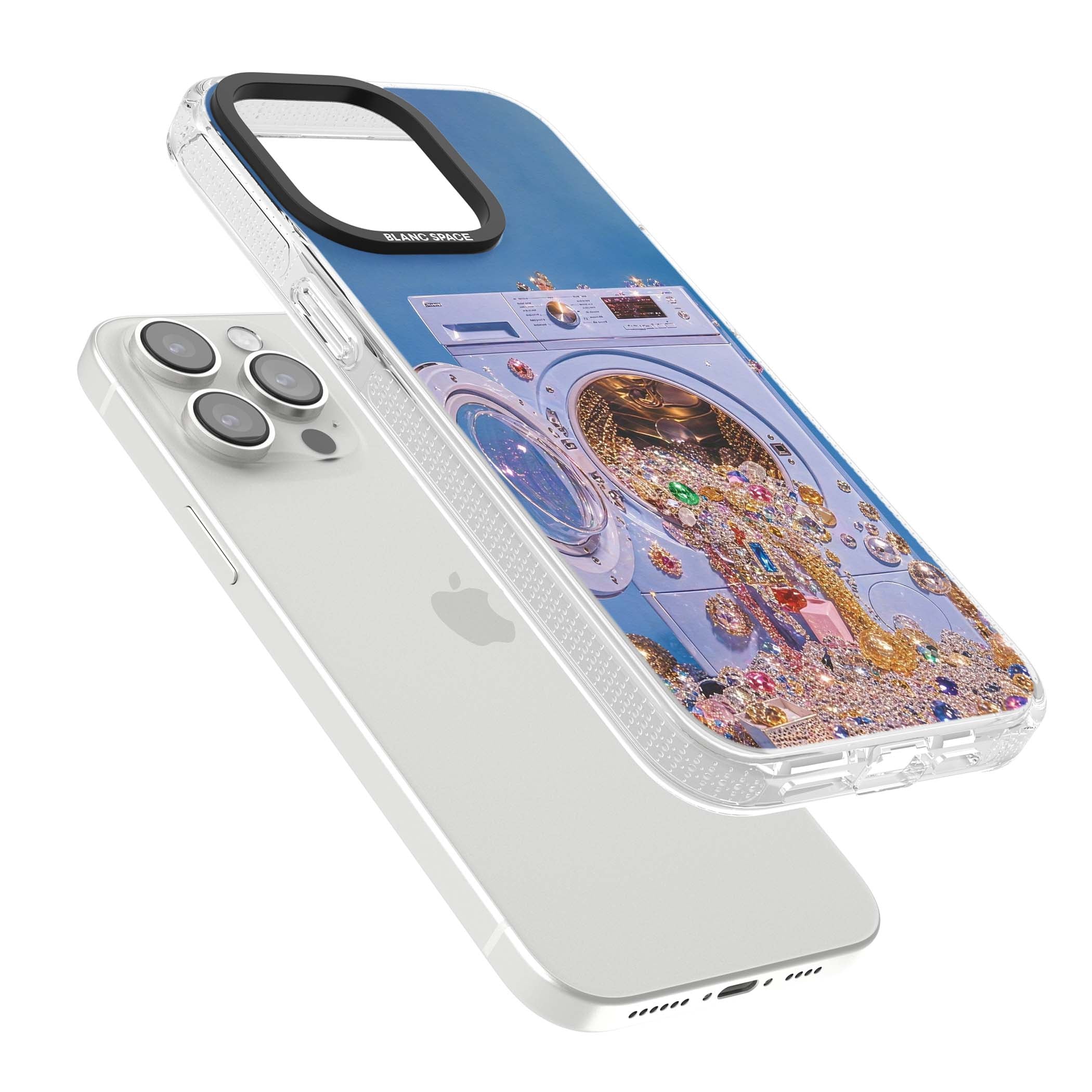 Gem Laundry baddie iPhone case featuring a surreal washing machine overflowing with colourful gemstones and crystals | Clear Case Impact Air case for iPhone 15 Pro, iPhone 15 Pro Max
