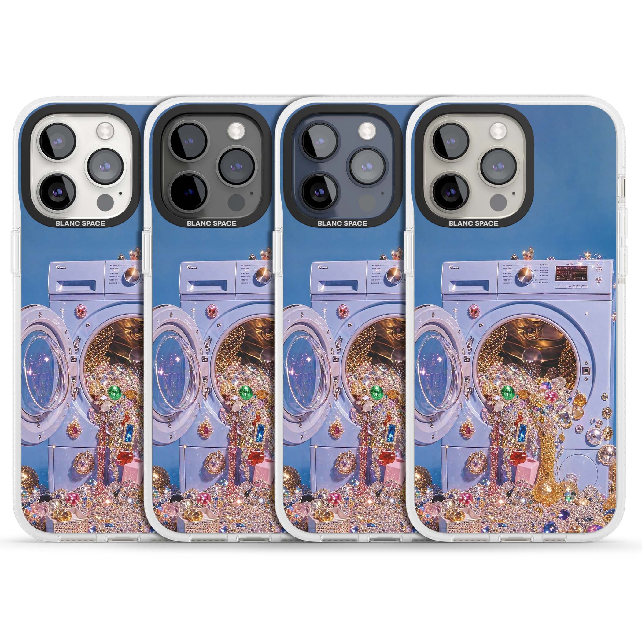 Gem Laundry baddie iPhone case featuring a surreal washing machine overflowing with colourful gemstones and crystals | Clear Case Impact Air case for iPhone 15 Pro, iPhone 15 Pro Max