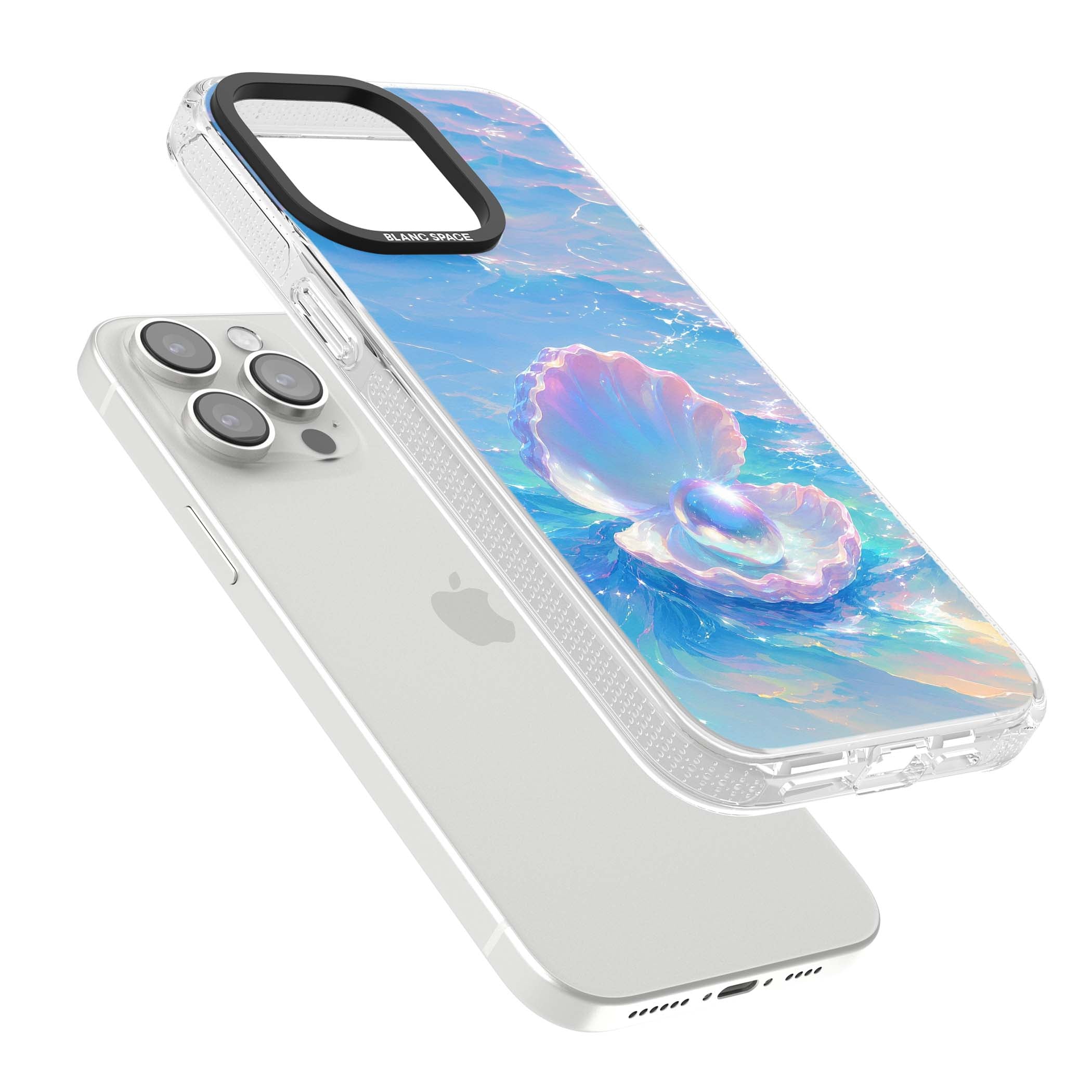 The Pearl Clam mermaidcore iPhone case featuring iridescent seashell, glowing pearl and pastel ocean waves | Clear Case Impact Air case for iPhone 15 Pro, iPhone 15 Pro Max