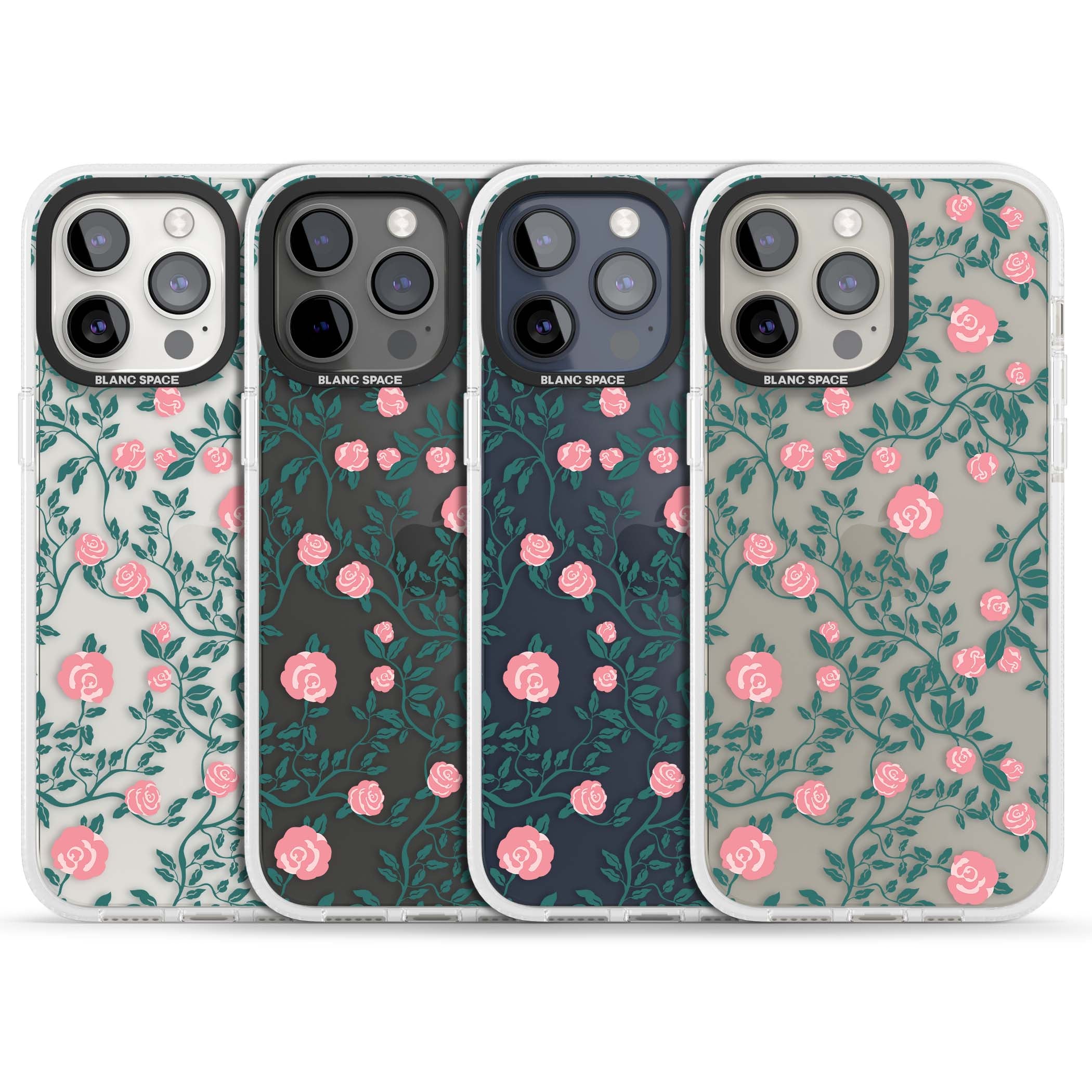 Rose Trellis (Clear) cottagecore iPhone case featuring pink climbing roses and green leaves on clear background | Clear Case Impact Air case for iPhone 15 Pro, iPhone 15 Pro Max
