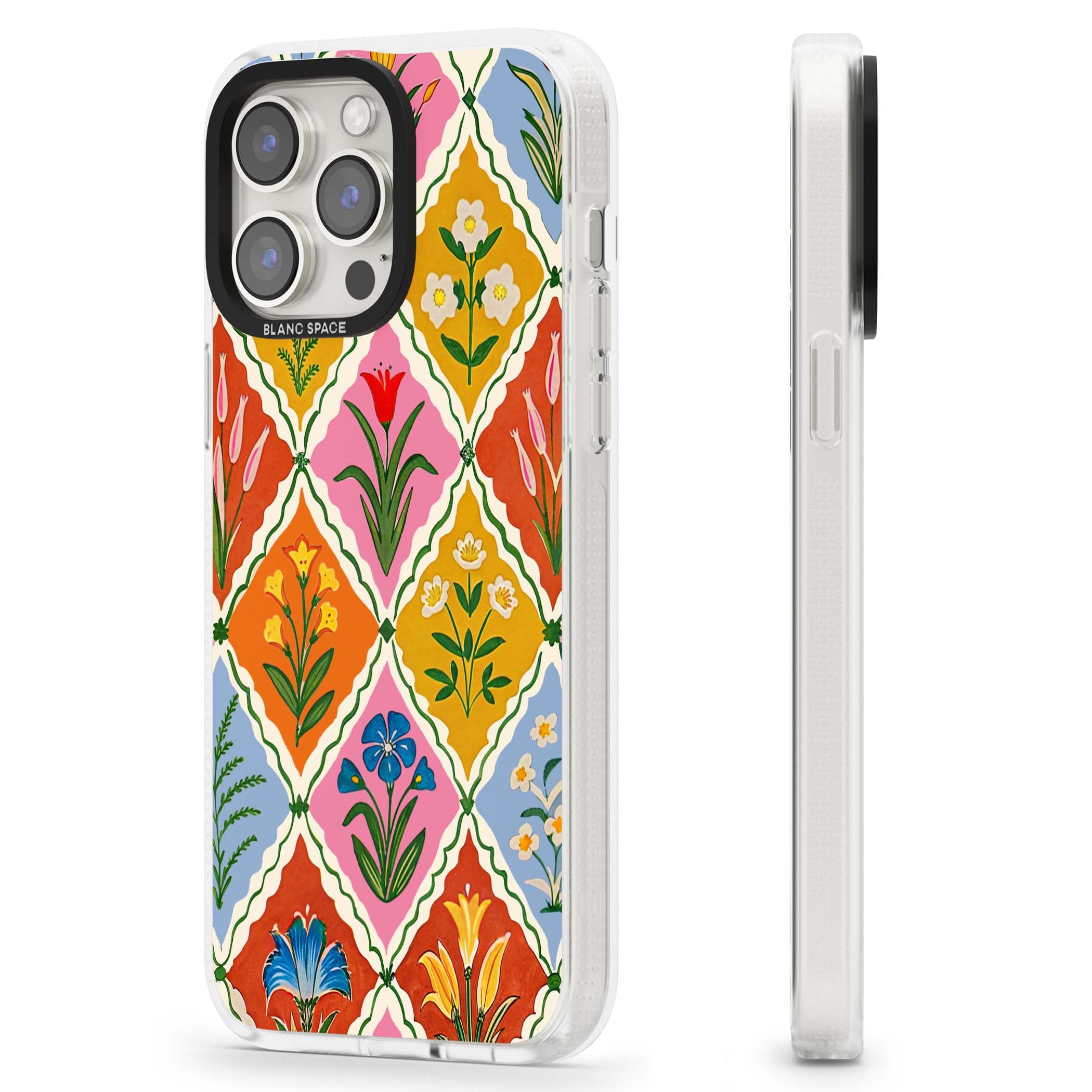 Floral Quilt boho floral iPhone case featuring diamond lattice pattern, hand-painted tulips and folk art wildflowers | Clear Case Impact Air case for iPhone 15 Pro, iPhone 15 Pro Max