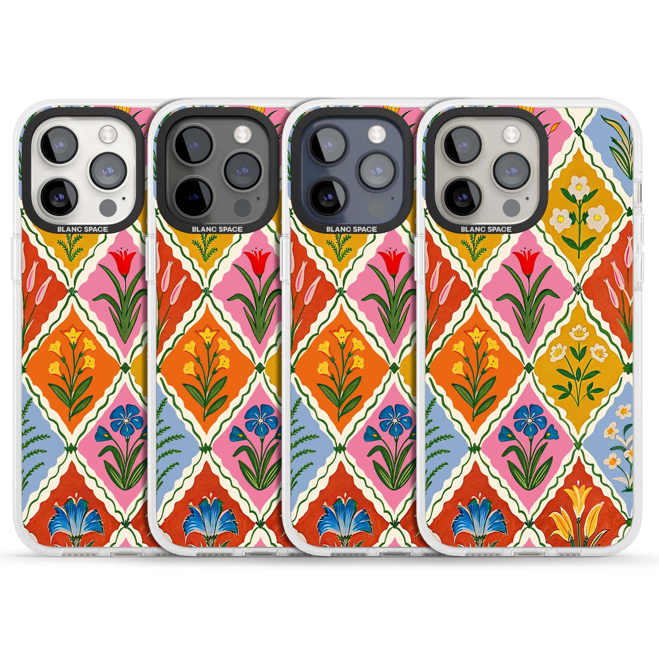 Floral Quilt boho floral iPhone case featuring diamond lattice pattern, hand-painted tulips and folk art wildflowers | Clear Case Impact Air case for iPhone 15 Pro, iPhone 15 Pro Max