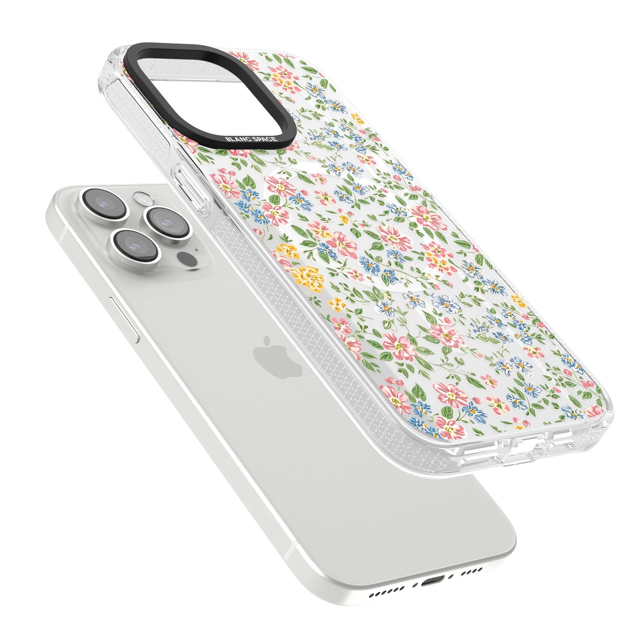 Soft Meadow cottagecore iPhone case featuring pink cosmos, blue forget-me-nots, yellow buttercups and green leaves sca | Clear Case Impact Air case for iPhone 15 Pro, iPhone 15 Pro Max