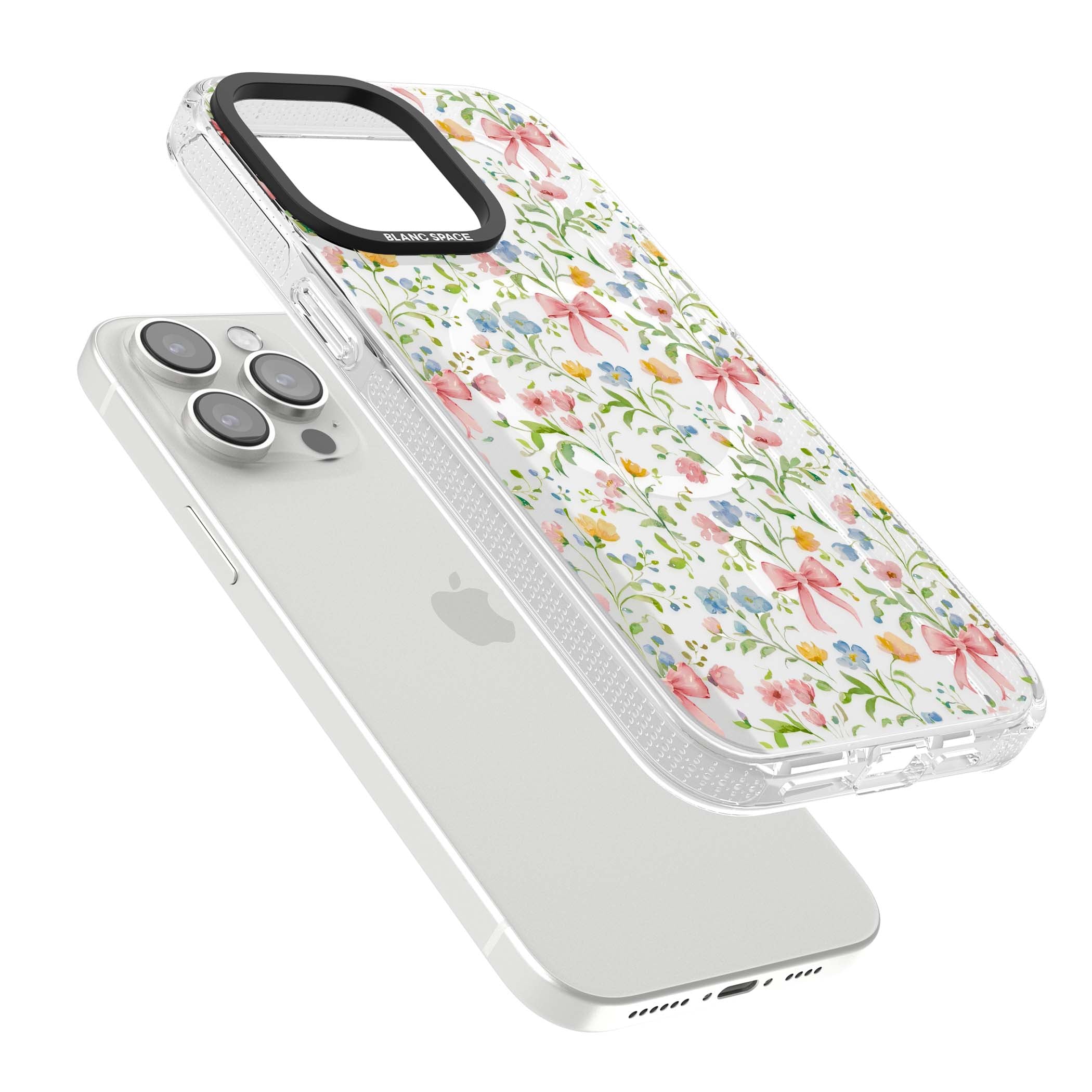 Ribbons & Wildflowers cottagecore iPhone case featuring watercolor wildflowers, pink satin bows, and delicate spring blooms o | Clear Case Impact Air case for iPhone 15 Pro, iPhone 15 Pro Max