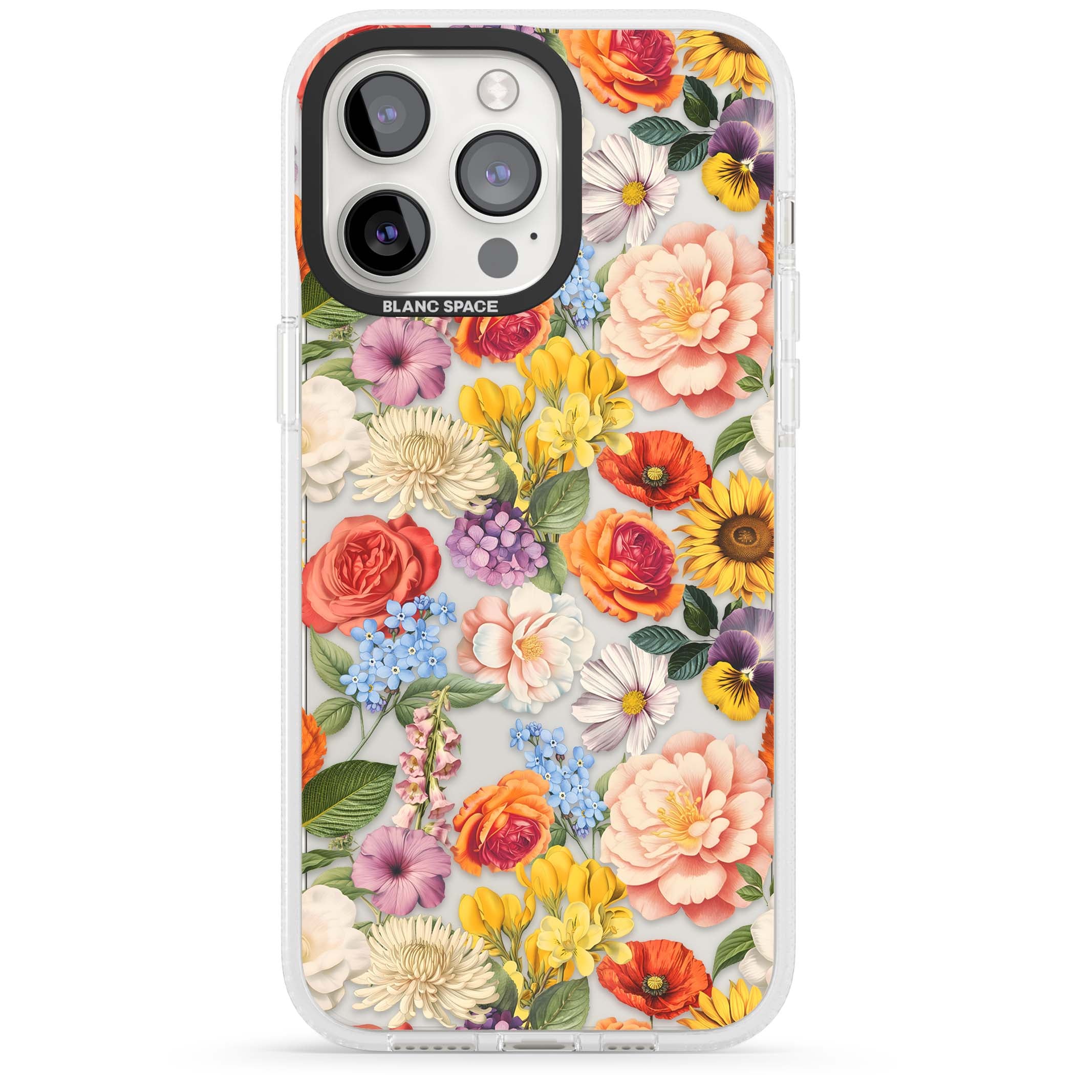 Bloom Basket floral iPhone case featuring cottage garden flowers including peonies, sunflowers, and wildflowers in pastel col | Clear Case Impact Air case for iPhone 15 Pro, iPhone 15 Pro Max