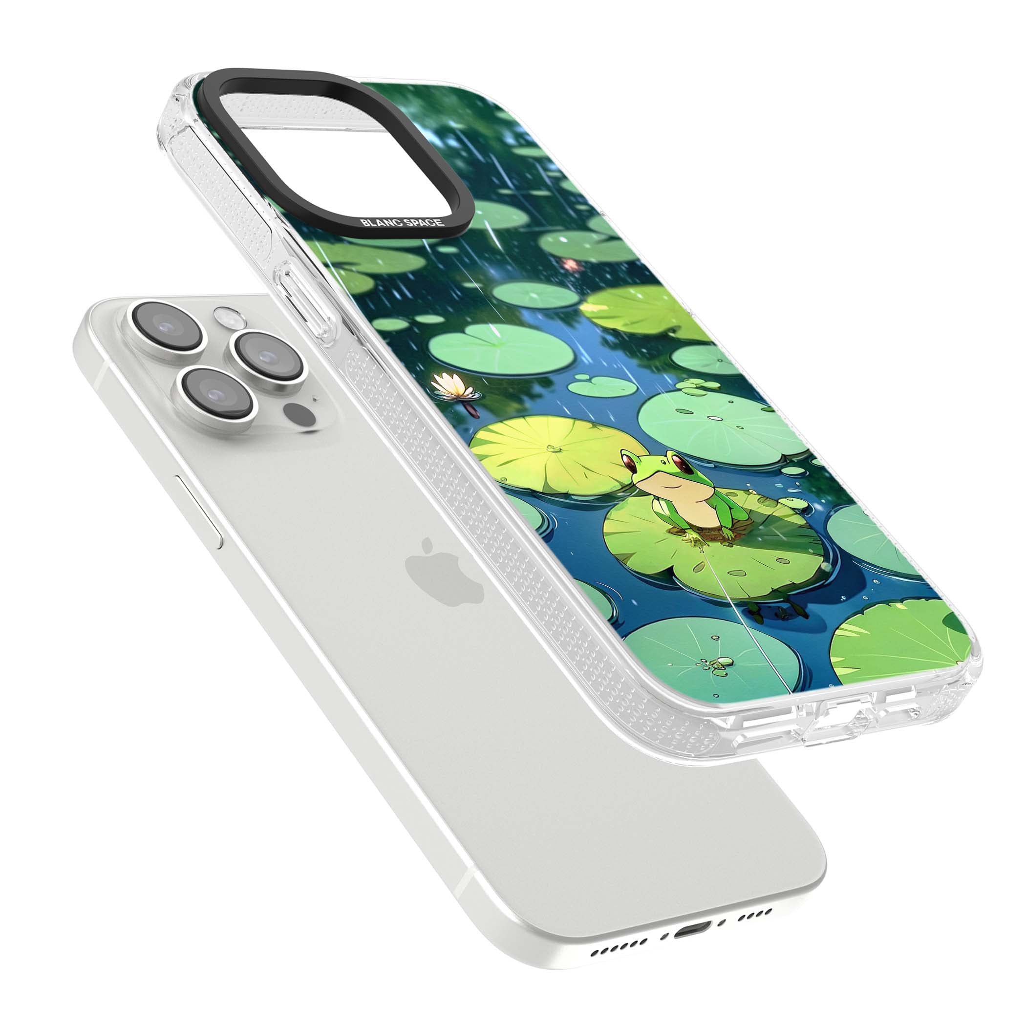Frog In Lily Pond cottagecore iPhone case featuring a cute green frog on a lily pad with falling rain and a lotus flower | Clear Case Impact Air case for iPhone 15 Pro, iPhone 15 Pro Max