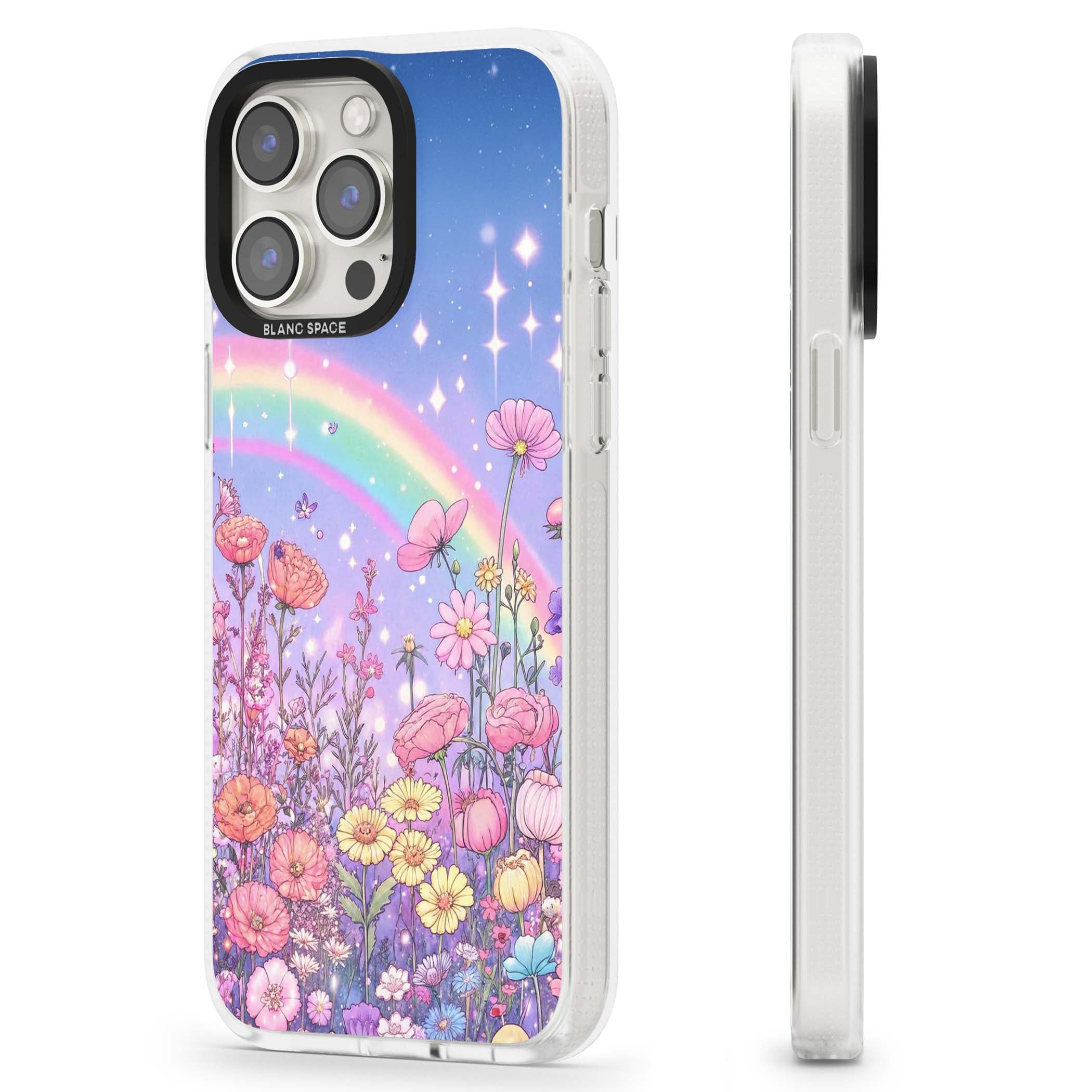 Magical Meadow fairycore iPhone case featuring a pastel rainbow, sparkling stars and a wildflower meadow | Clear Case Impact Air case for iPhone 15 Pro, iPhone 15 Pro Max