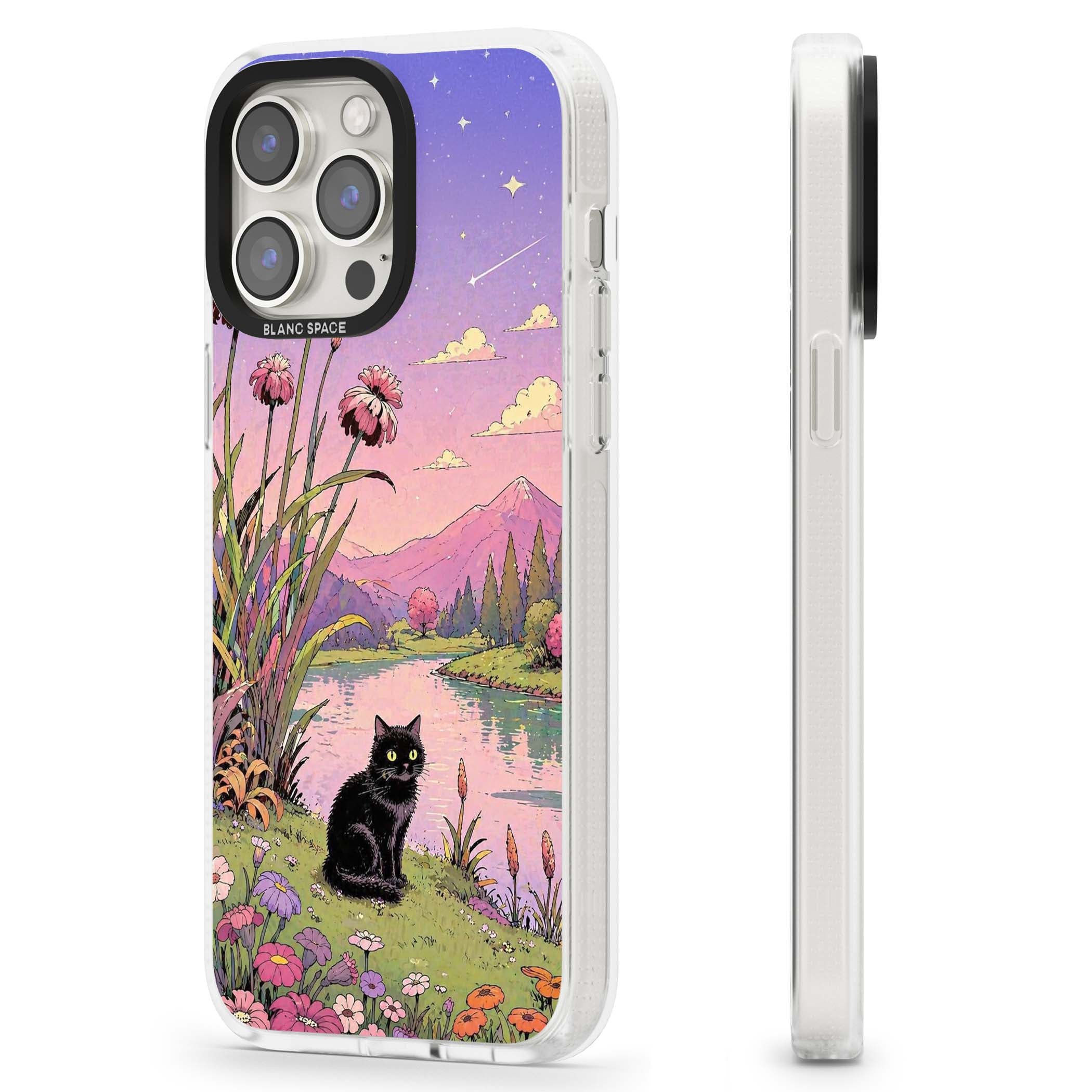 Mystic Whiskers ghibli iPhone case featuring a black cat by a pastel lake, wildflowers and a starry sunset sky | Clear Case Impact Air case for iPhone 15 Pro, iPhone 15 Pro Max