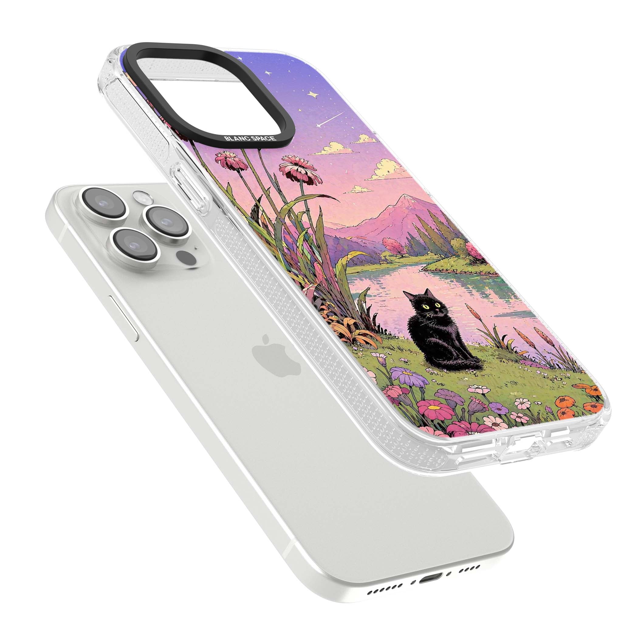 Mystic Whiskers ghibli iPhone case featuring a black cat by a pastel lake, wildflowers and a starry sunset sky | Clear Case Impact Air case for iPhone 15 Pro, iPhone 15 Pro Max
